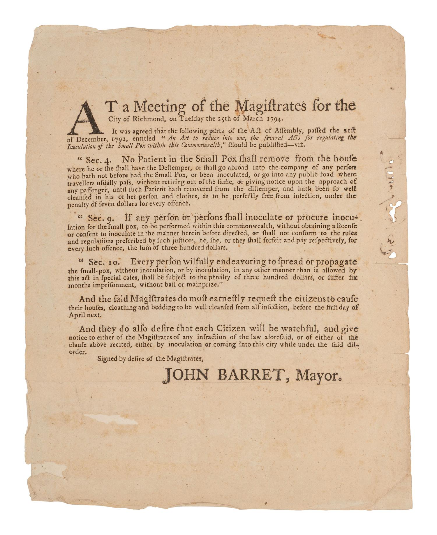 [VACCINATION]. Two early vaccination broadsides and a note from the "Chairman of the Committee for Vaccination" in Milton, Massachusetts, acknowledging participants in the town's 1809 vaccination campaign.