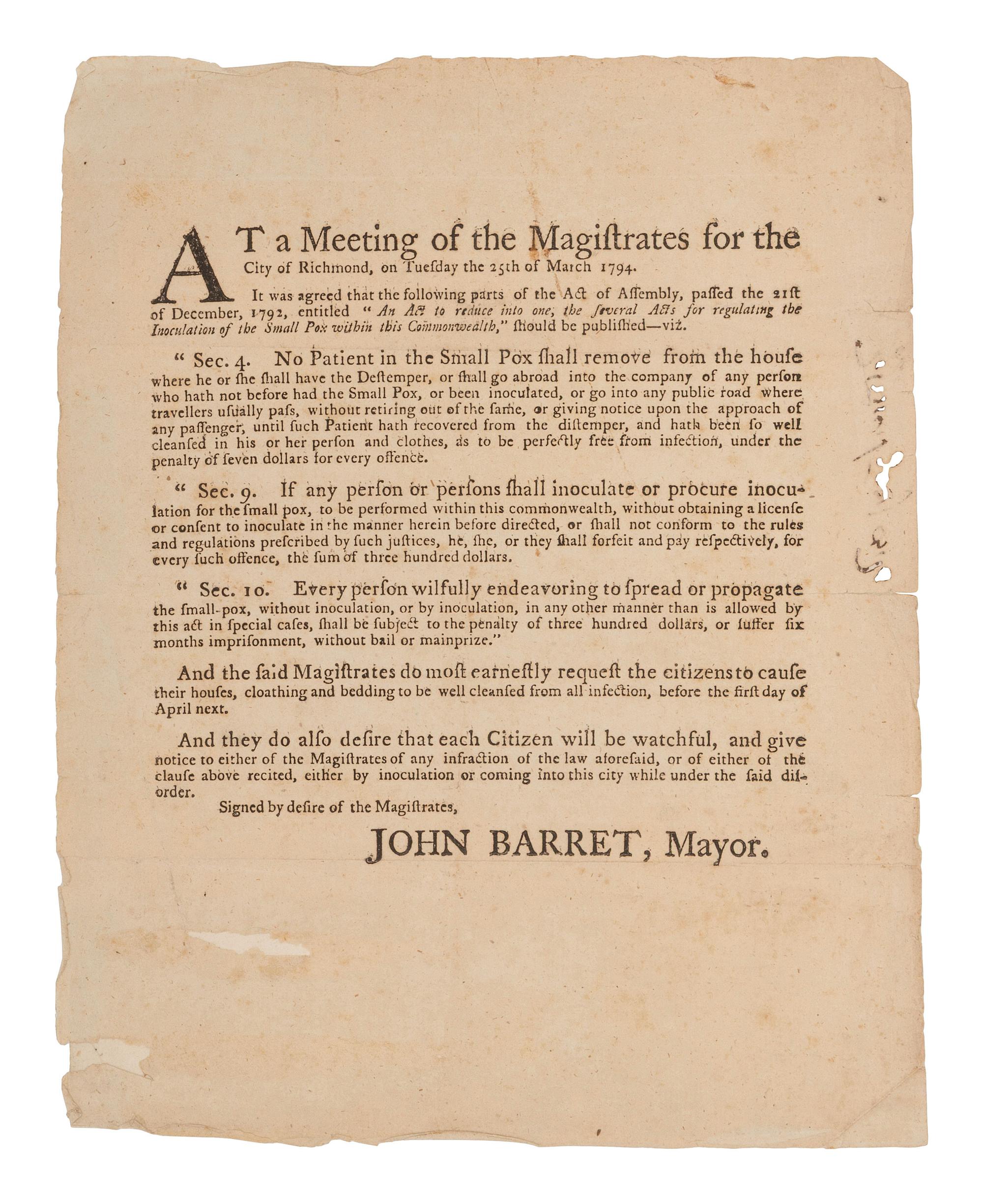 [VACCINATION]. Two early vaccination broadsides and a note from the "Chairman of the Committee for Vaccination" in Milton, Massachusetts, acknowledging participants in the town's 1809 vaccination campaign.