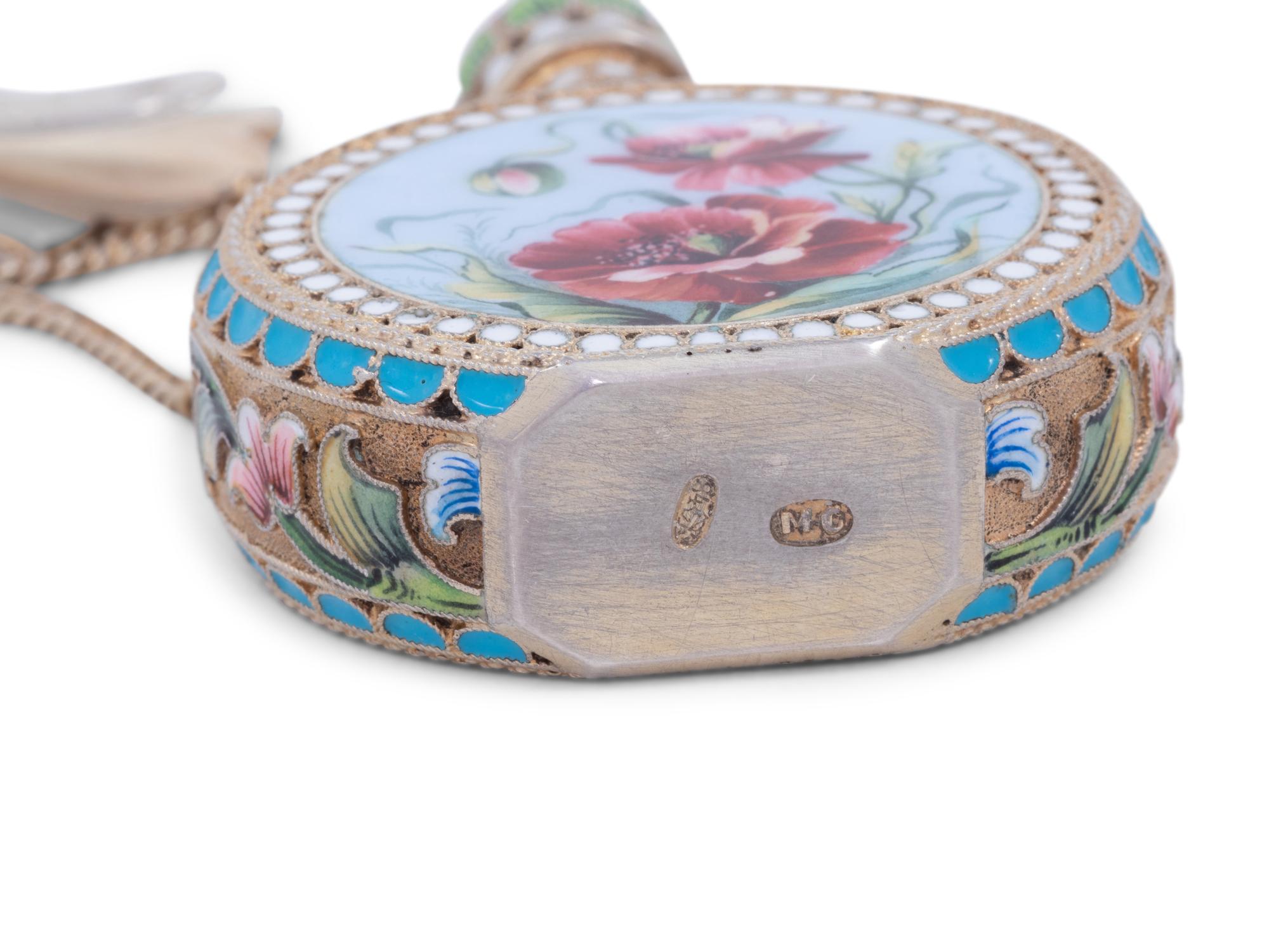 A Russian Enameled Silver-Gilt Scent Flask and Clip