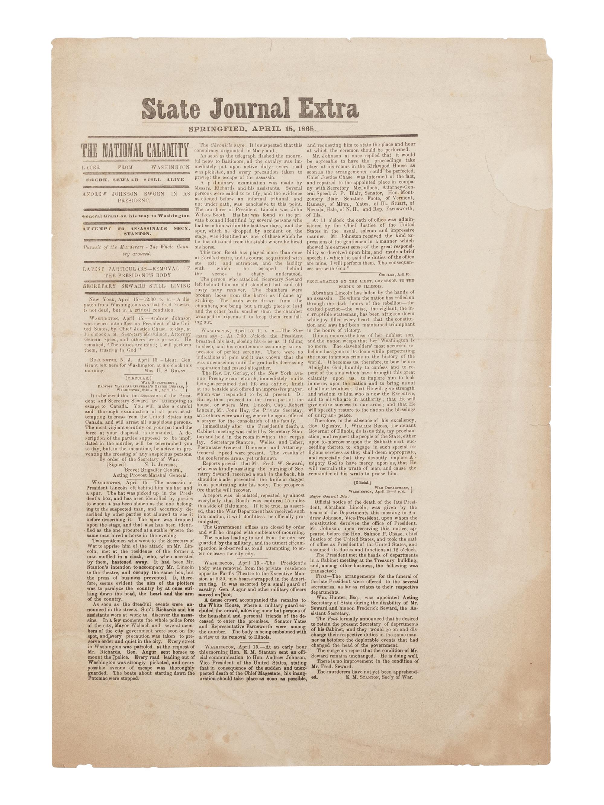 [LINCOLN ASSASSINATION]. State Journal Extra . Springfield, 15 April 1865.