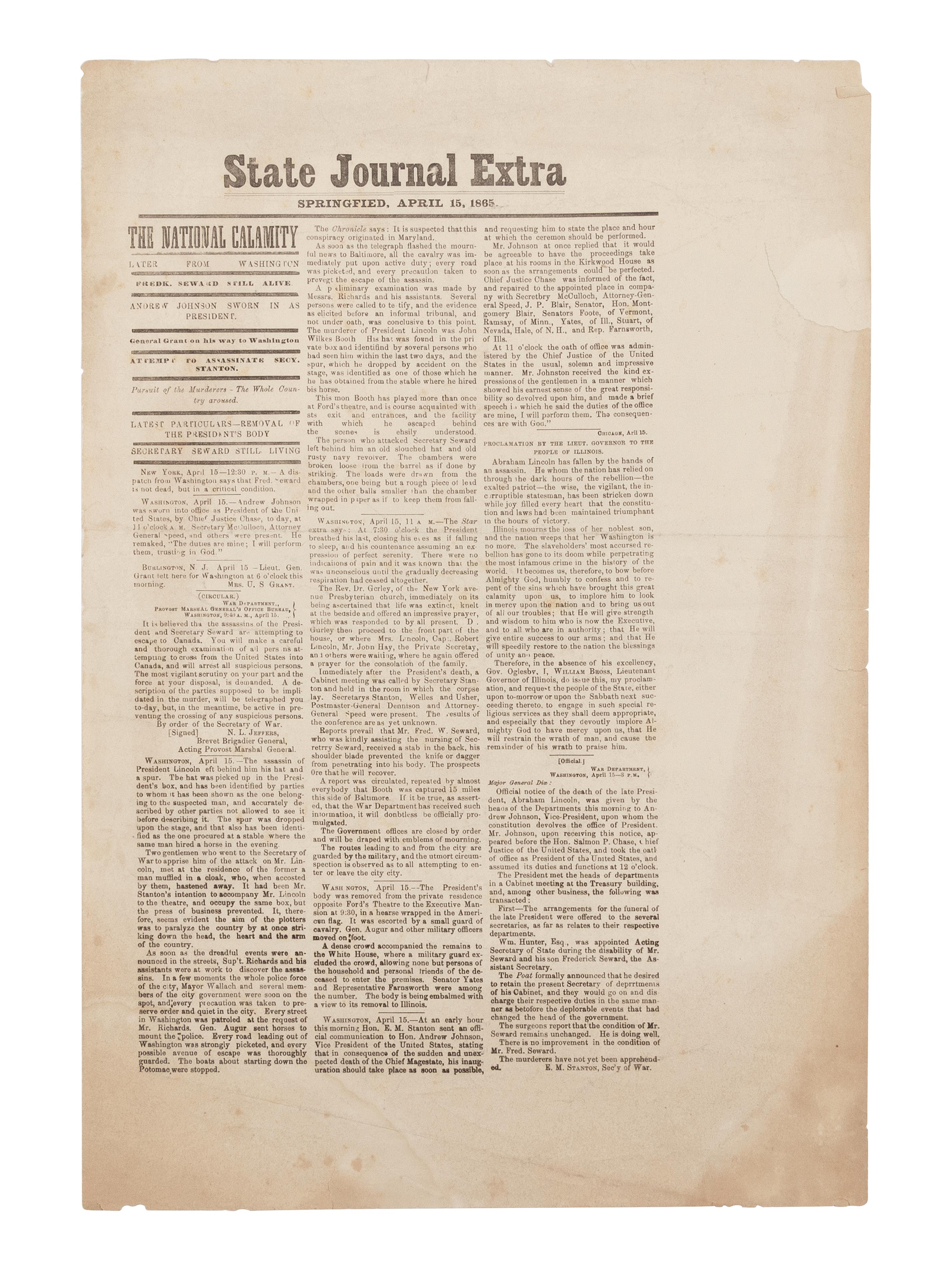 [LINCOLN ASSASSINATION]. State Journal Extra . Springfield, 15 April 1865.