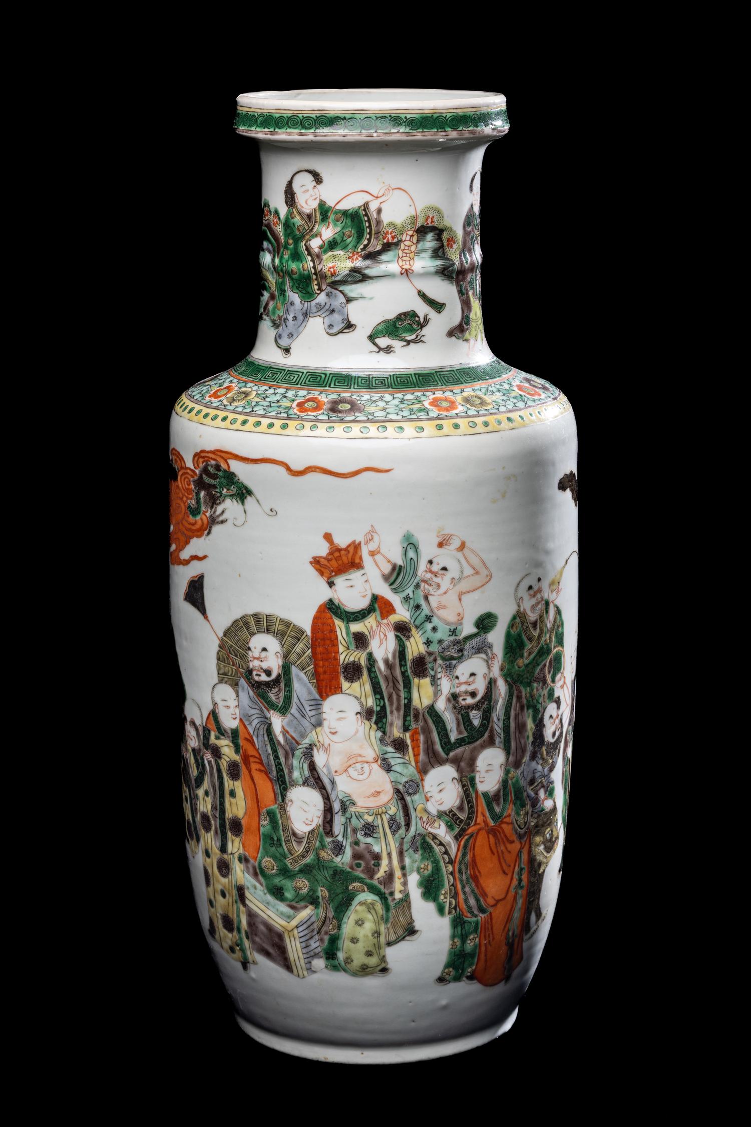 A Chinese Famille Verte Porcelain Rouleau Vase