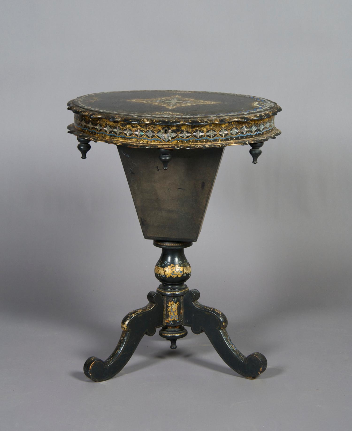 A Victorian Mother-of-Pearl Sewing Table, Height 29 1/2 x width 22 3/4 x depth 17 1/2 inches.