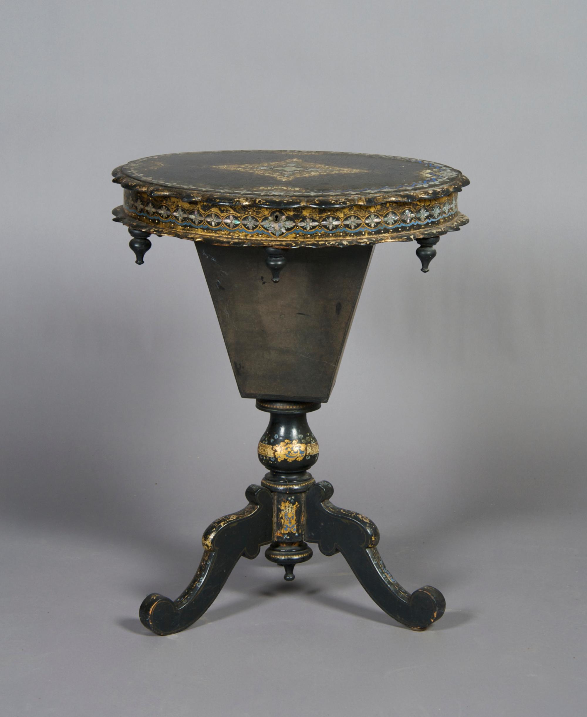 A Victorian Mother-of-Pearl Sewing Table, Height 29 1/2 x width 22 3/4 x depth 17 1/2 inches.