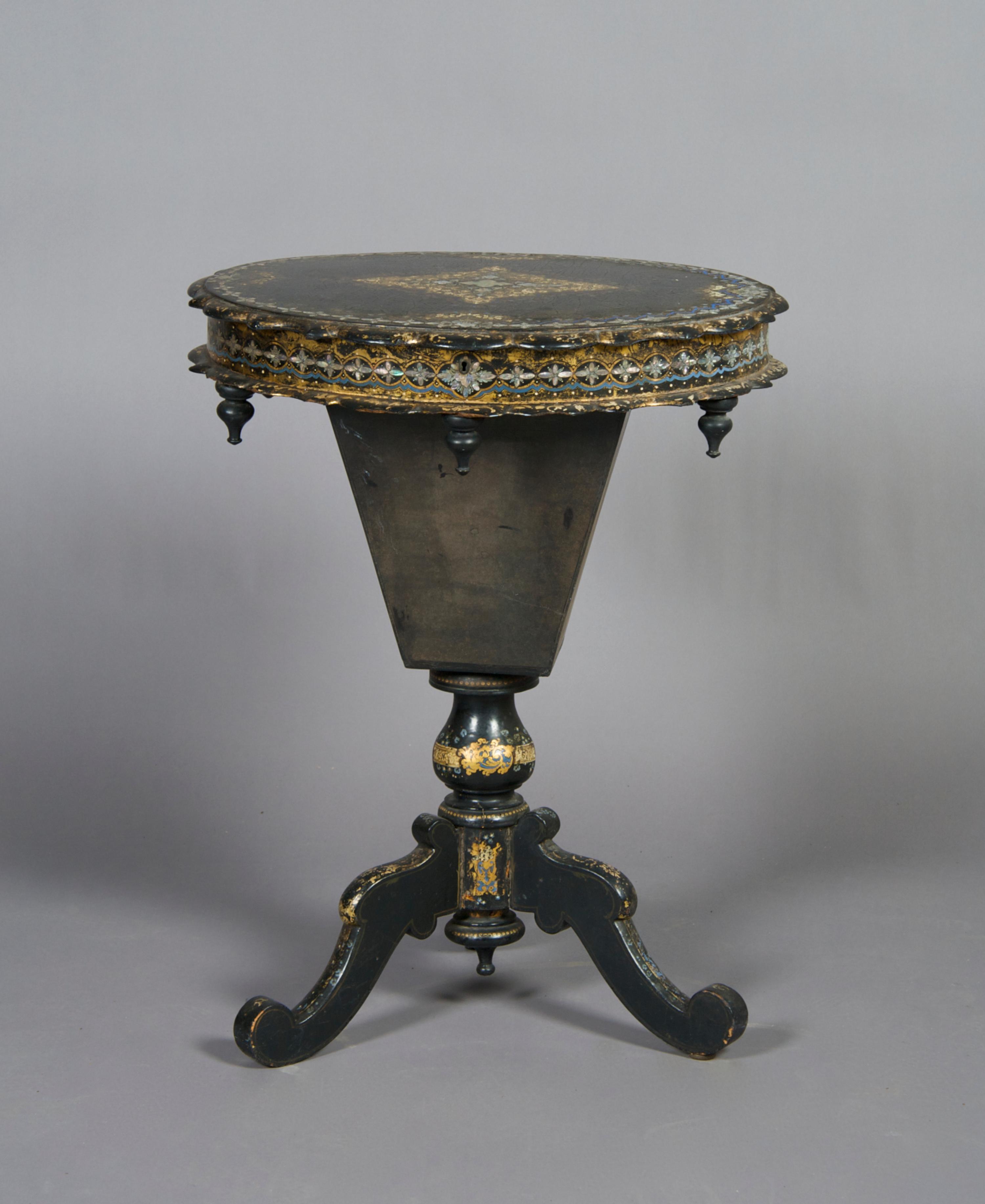 A Victorian Mother-of-Pearl Sewing Table, Height 29 1/2 x width 22 3/4 x depth 17 1/2 inches.