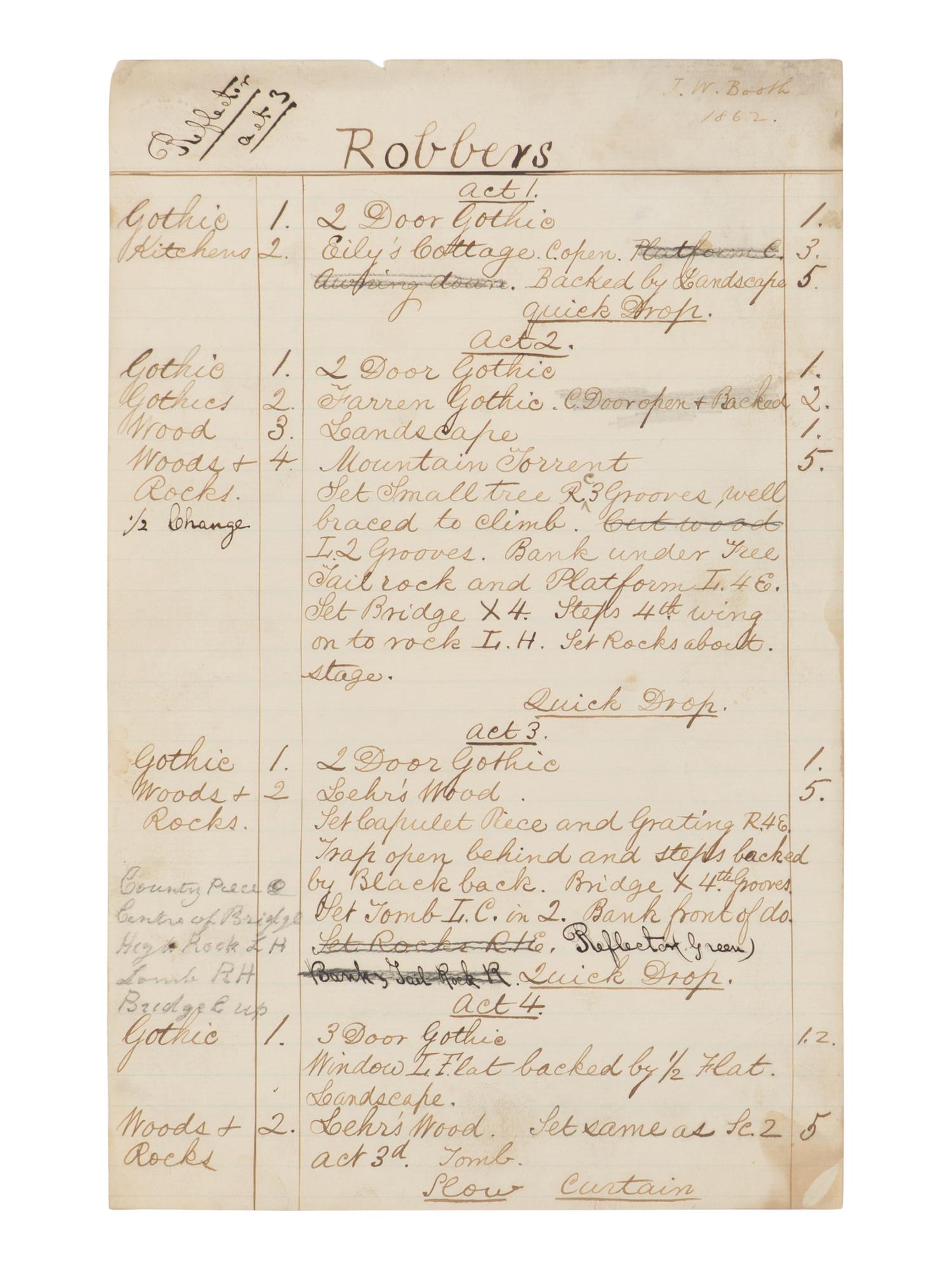 [BOOTH, John Wilkes (1838-1865)]. A group of 5 manuscript scenery lists for plays in which John Wilkes Booth performed, ca 1862-1864.