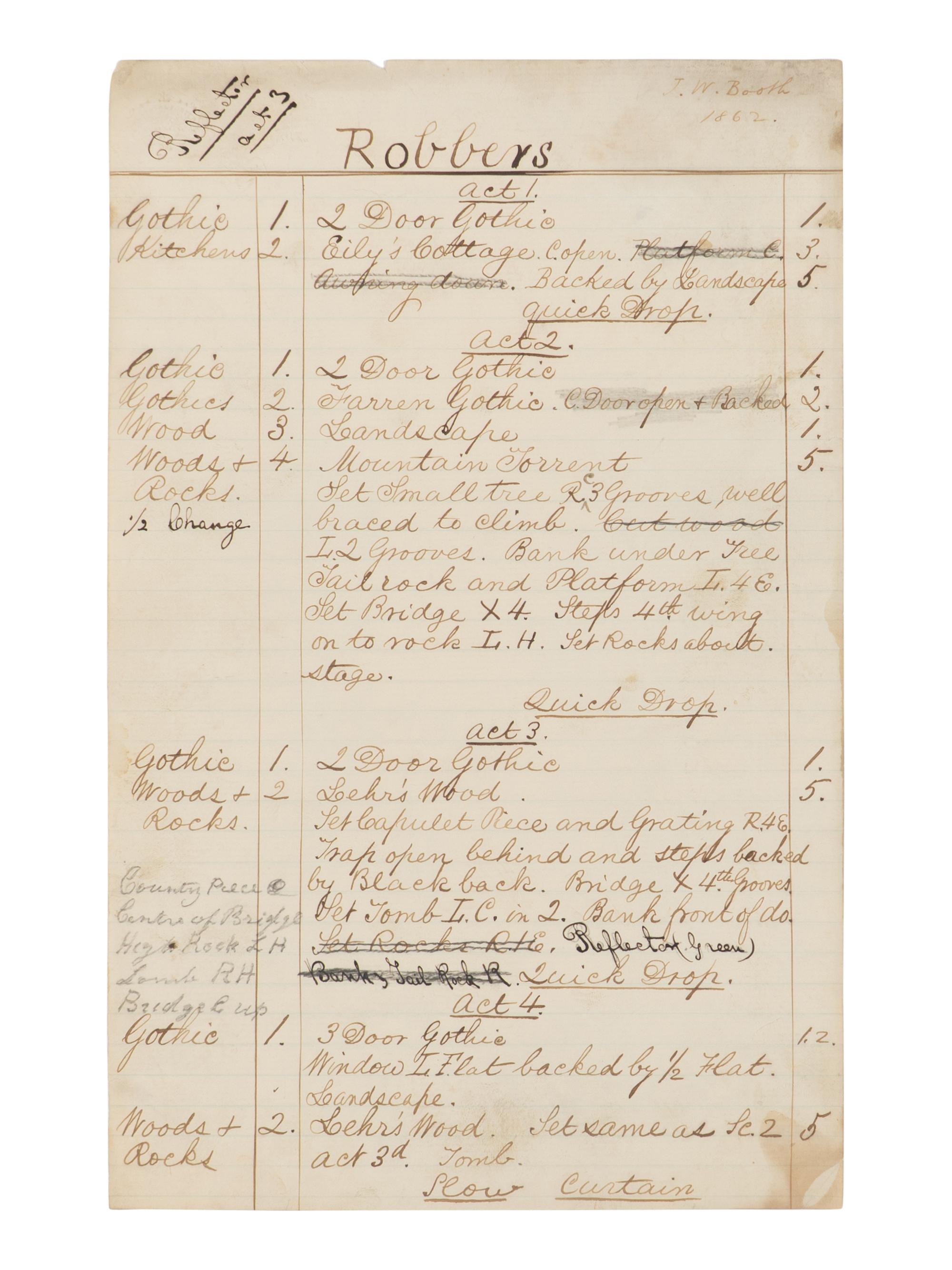[BOOTH, John Wilkes (1838-1865)]. A group of 5 manuscript scenery lists for plays in which John Wilkes Booth performed, ca 1862-1864.