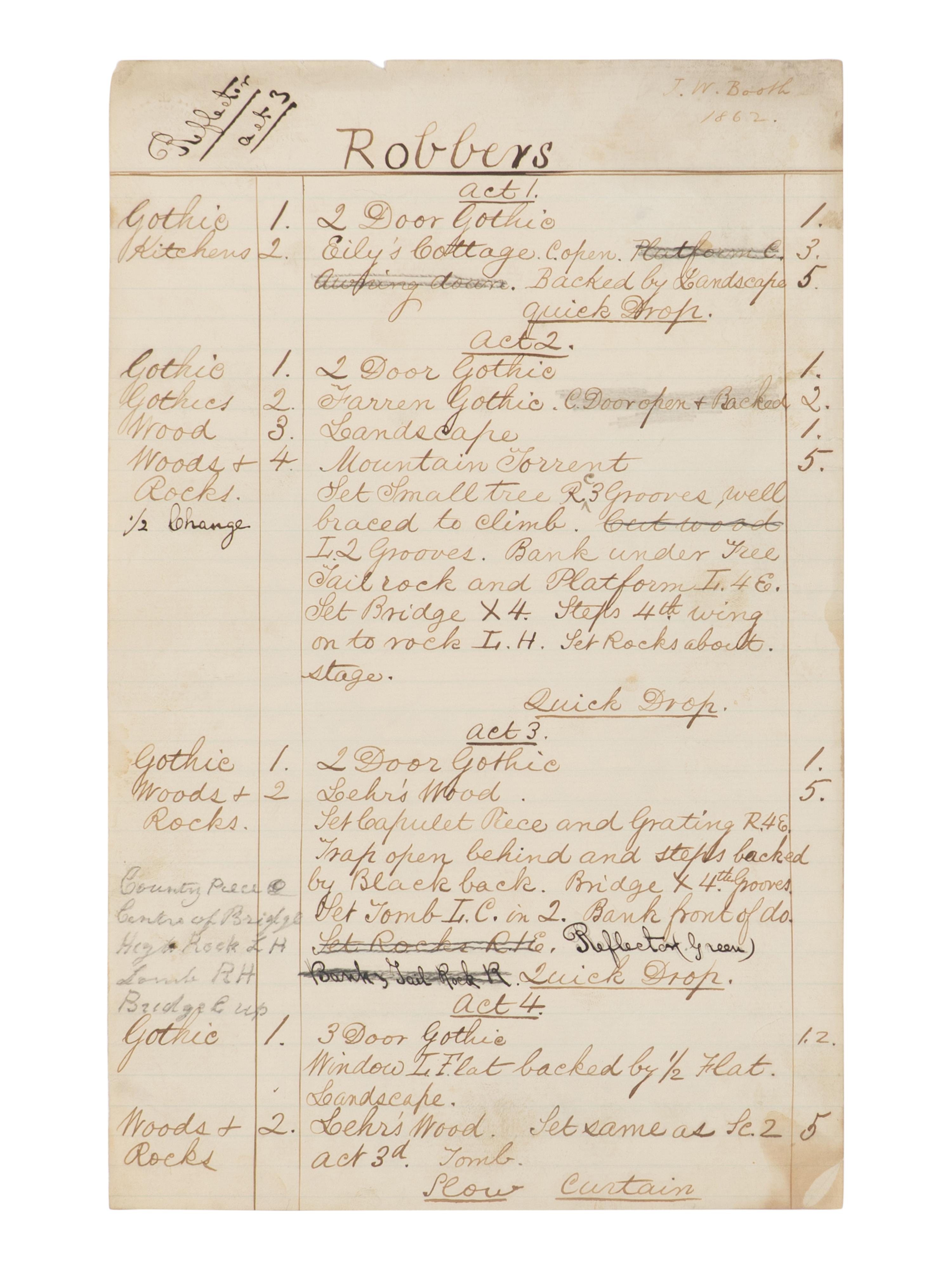 [BOOTH, John Wilkes (1838-1865)]. A group of 5 manuscript scenery lists for plays in which John Wilkes Booth performed, ca 1862-1864.