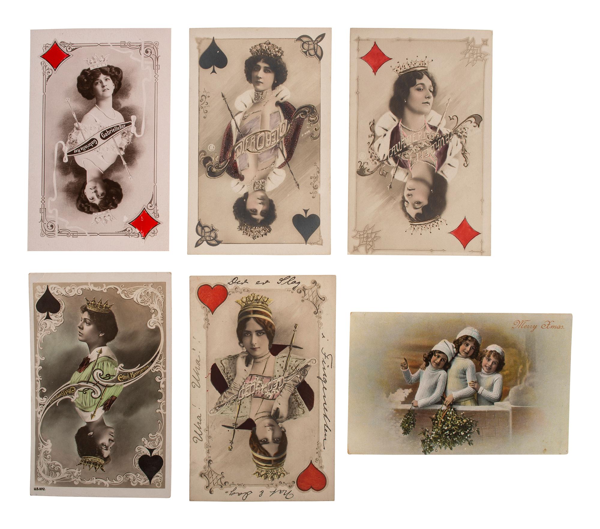 [EARLY PHOTOGRAPHY]. A group of 59 real photo postcards, featuring artfully posed images of women, famous subjects, and genre scenes celebrating romance and the holiday season.