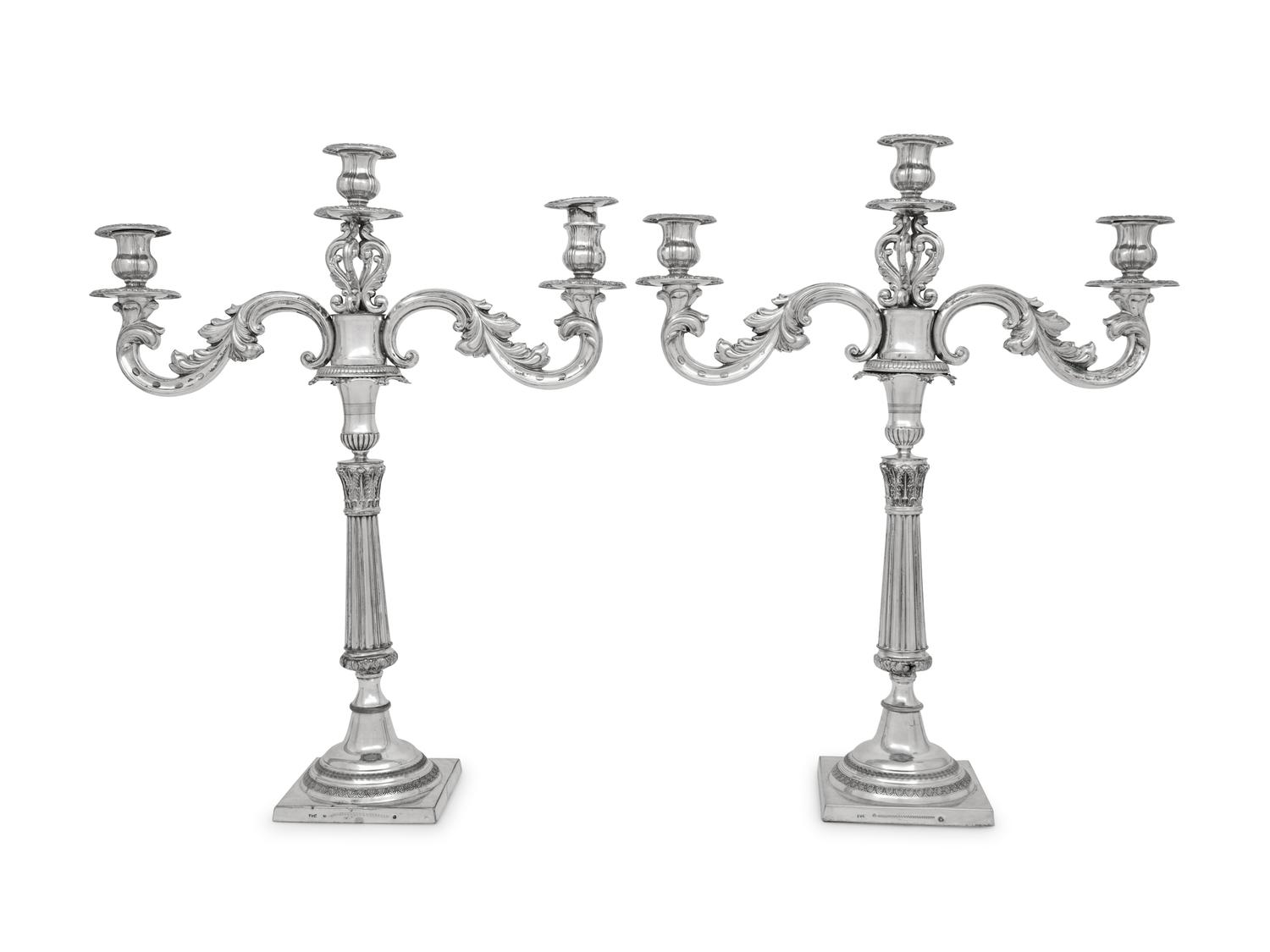 A Pair of Continental Silver Three-Light Candelabra