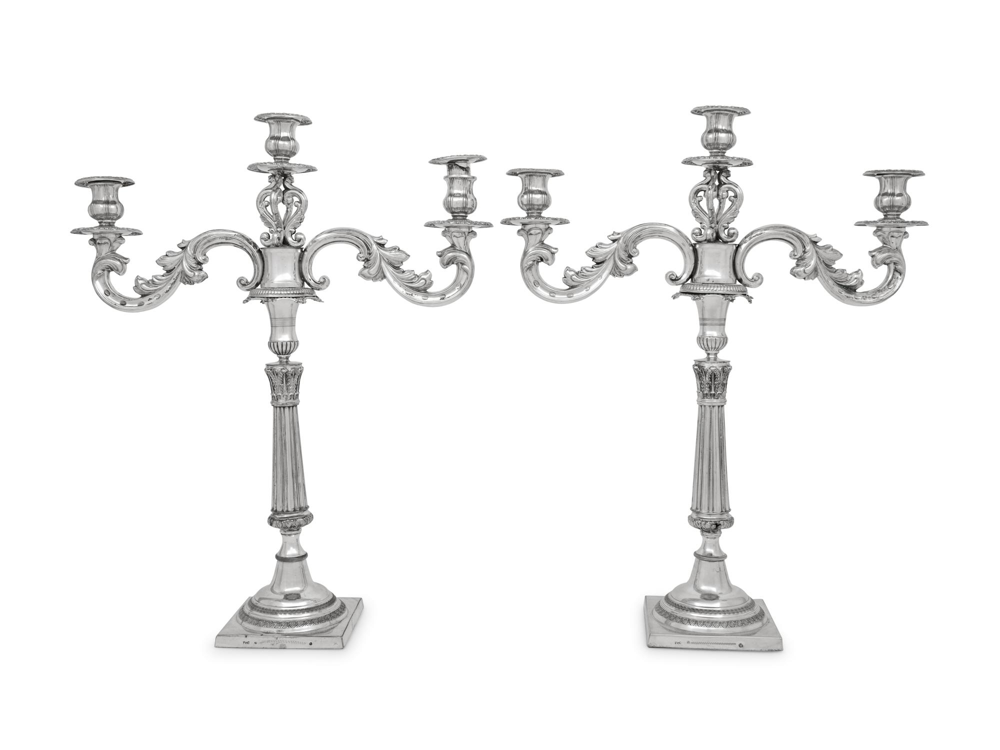 A Pair of Continental Silver Three-Light Candelabra