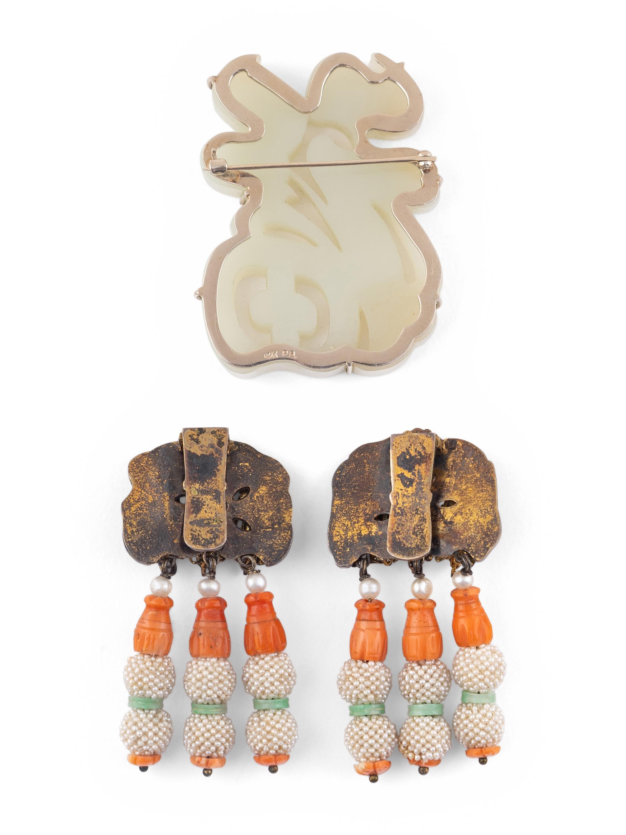A Pair of Chinese Gilt Metal, Coral, and Seed Pearl Ear Clips with a Chinese celadon Jade Pin