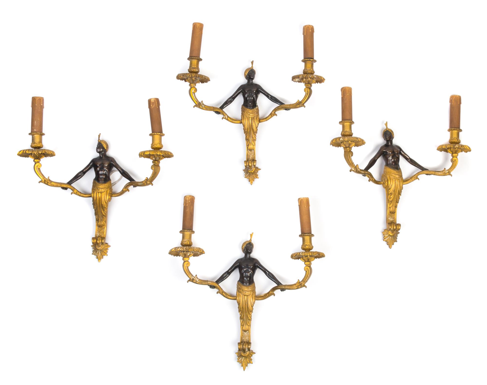 A Set of Four Continental Gilt and Patinated Bronze Figural Sconces Height 16 inches. — 20TH CENTURY