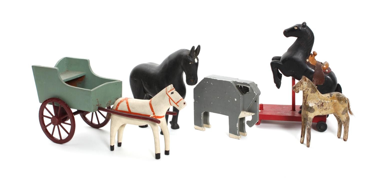 Five Wooden Toys Height of first 6 1/2 x length 14 x width 4 1/4 inches