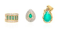 A Collection of Yellow Gold, Emerald and Diamond Jewelry, 12.70 dwts.