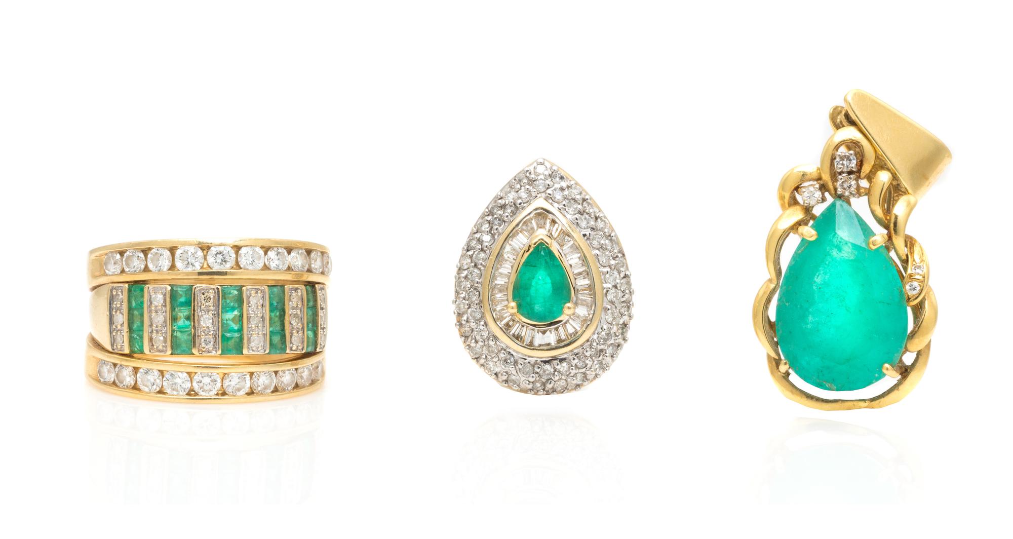 A Collection of Yellow Gold, Emerald and Diamond Jewelry, 12.70 dwts.
