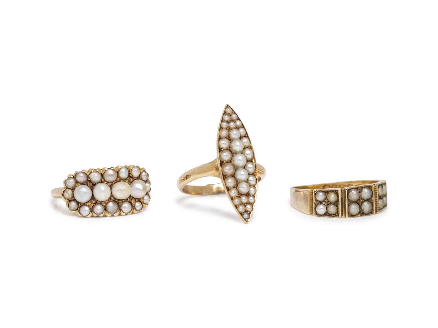 COLLECTION OF YELLOW GOLD AND SEED PEARL RINGS