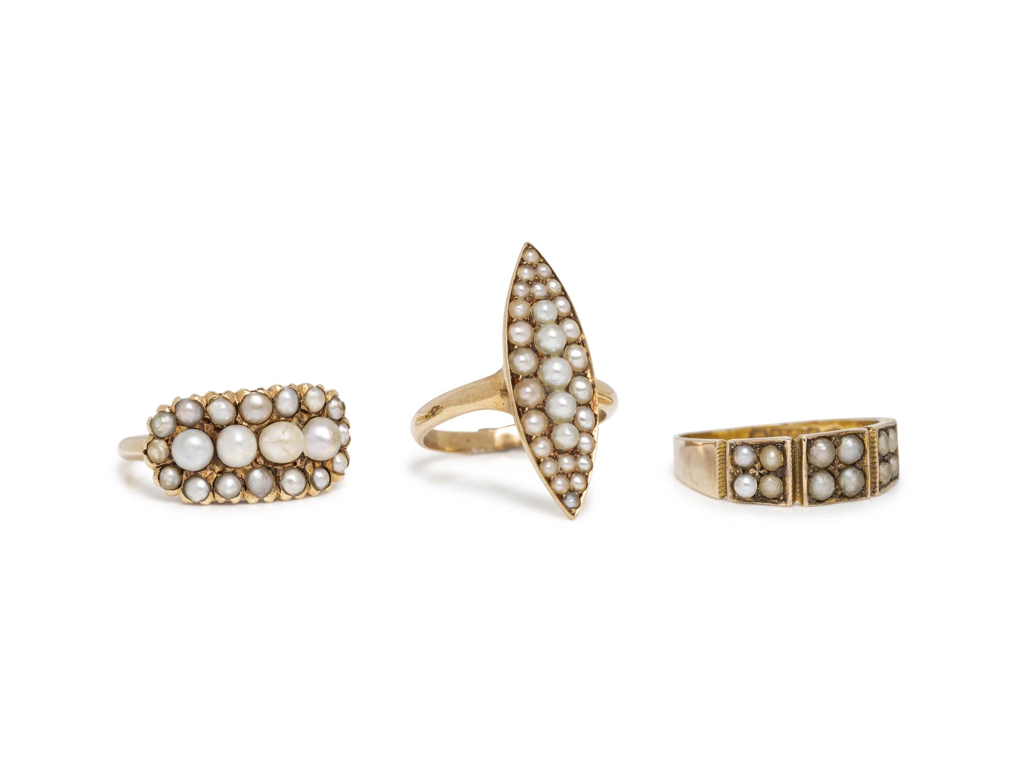 COLLECTION OF YELLOW GOLD AND SEED PEARL RINGS