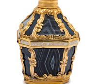 A George III Gold-Mounted Agate and Enameled Scent Bottle, Snuff Box and Patch Box