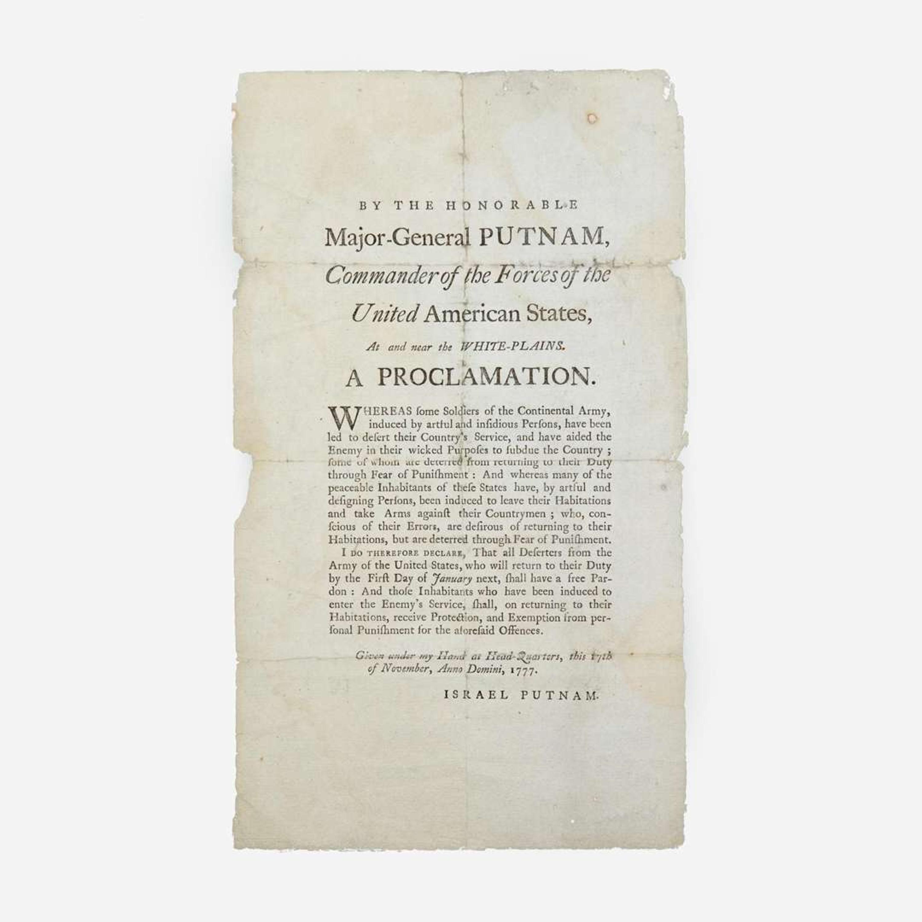 [Americana] [American Revolution] Putnam, Israel By the Honorable Major-General Putnam, Commander of the Forces of the United American States, At and near the White-Plains