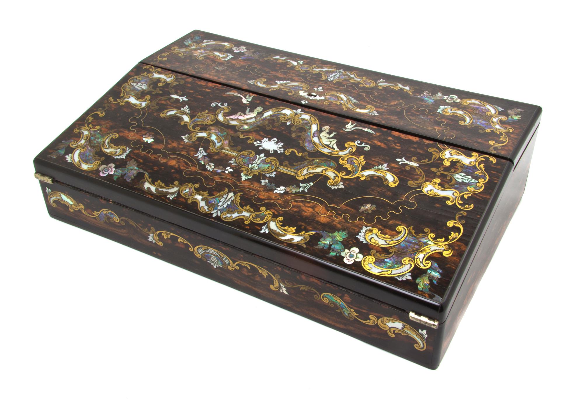 A Victorian Mother-of-Pearl and Brass Inlaid Lap Desk, Width 15 3/4 inches.