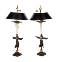 A Pair of Egyptian Revival Parcel Gilt Bronze Figures Mounted as Lamps with Tole Shades