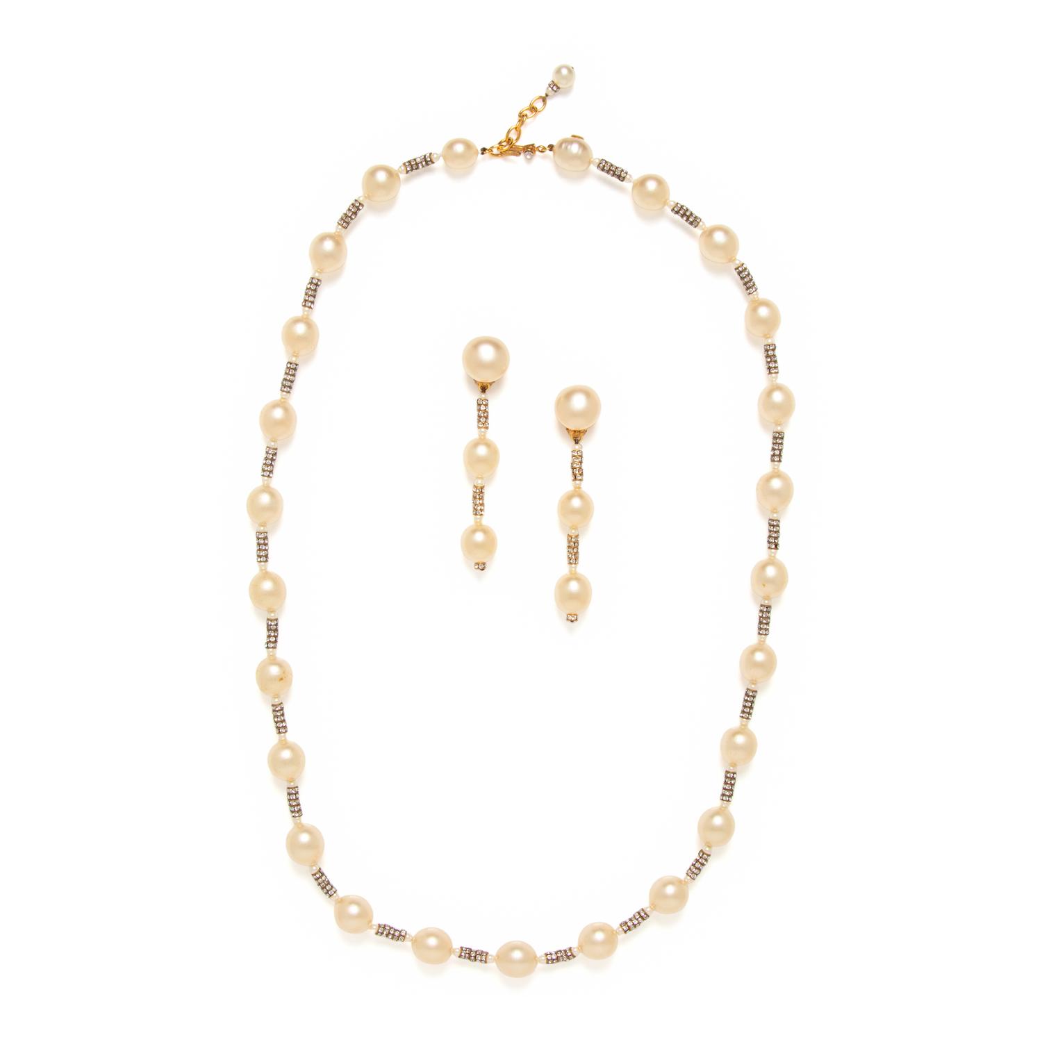 Chanel, Gripoix Pearl & Rhinestone Necklace and Ear Clips Set