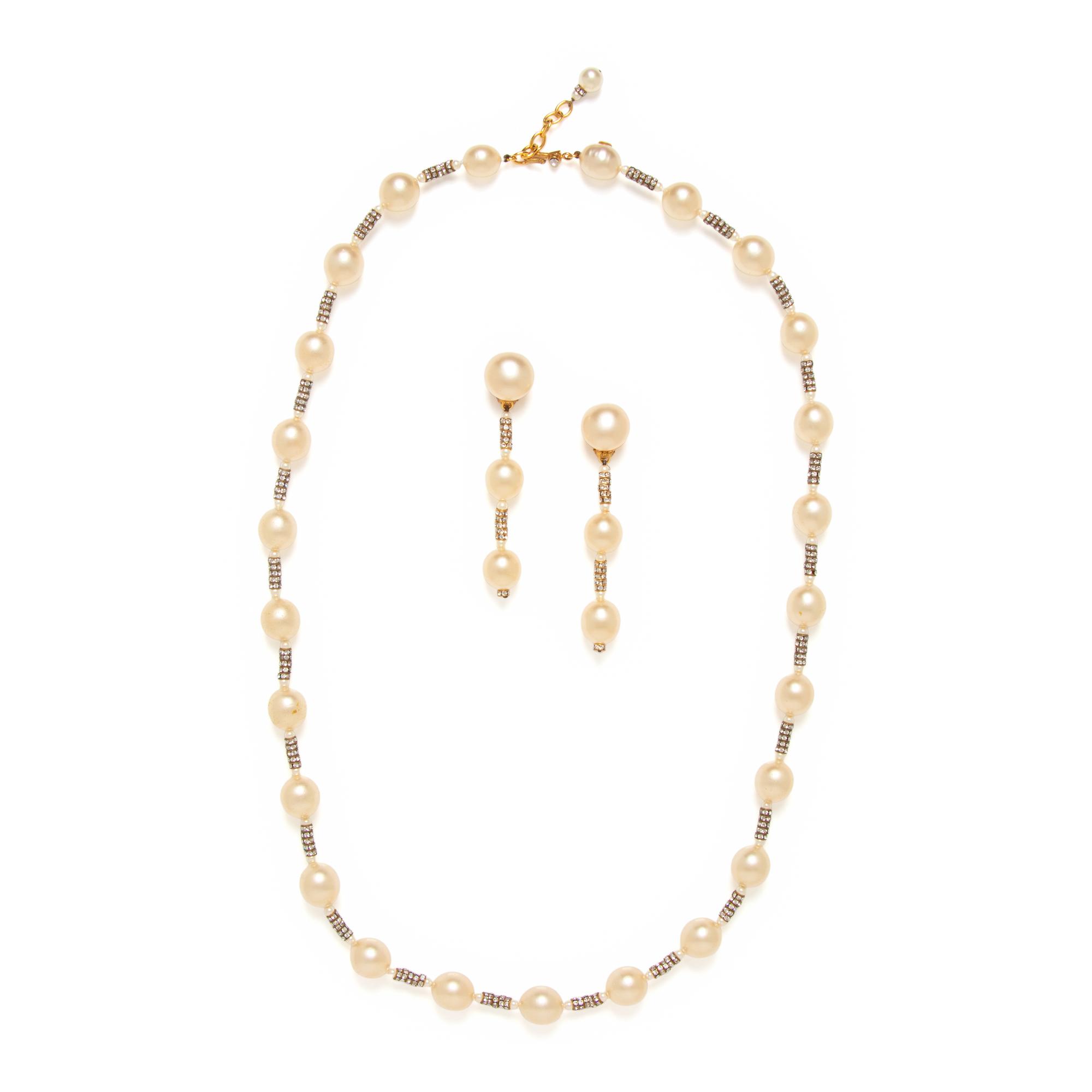 Chanel, Gripoix Pearl & Rhinestone Necklace and Ear Clips Set
