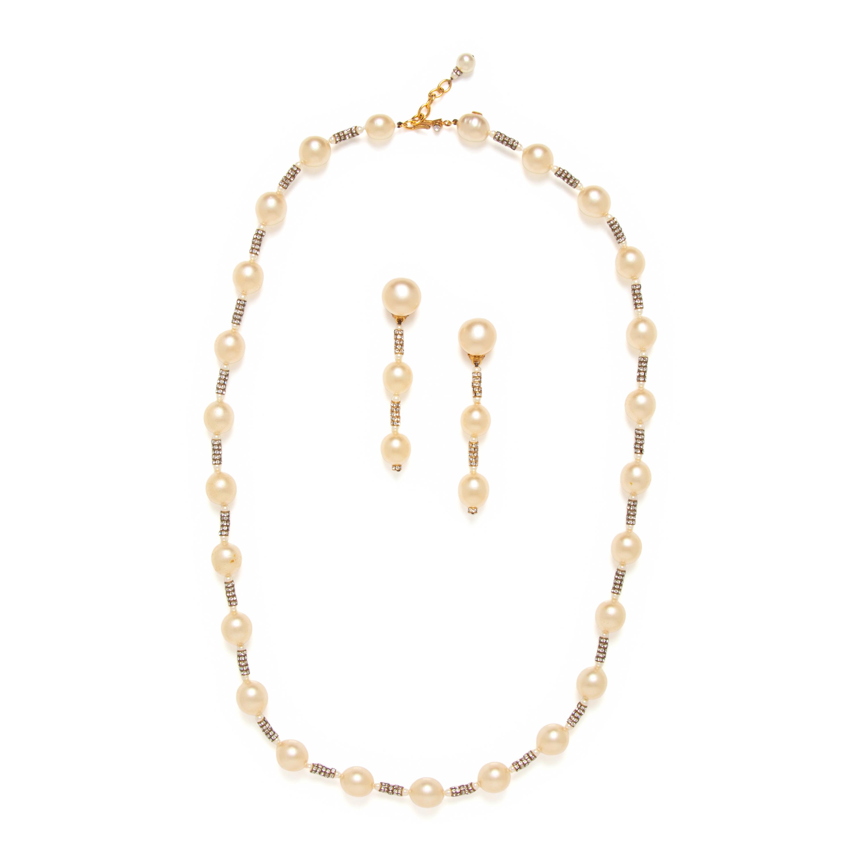 Chanel, Gripoix Pearl & Rhinestone Necklace and Ear Clips Set