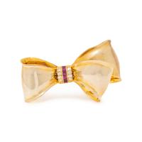 YELLOW GOLD, DIAMOND AND RUBY BOW BROOCH