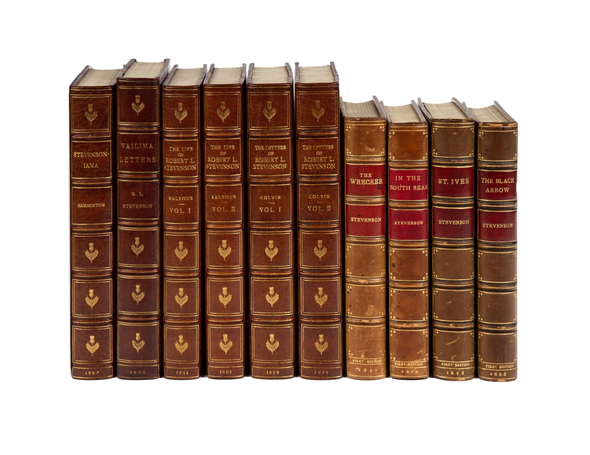 [BINDINGS]. STEVENSON, Robert Louis (1850-1894). A group of 8 finely bound FIRST EDITIONS by and about Stevenson, comprising: