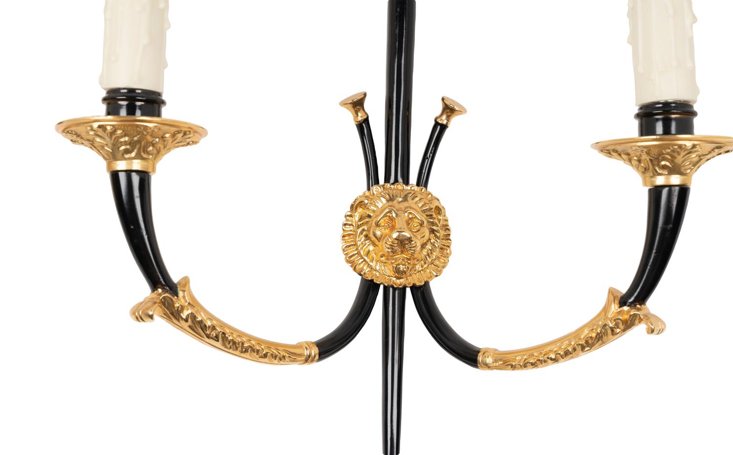 A Pair of Empire Style Gilt and Enameled Metal Two-Light Sconces