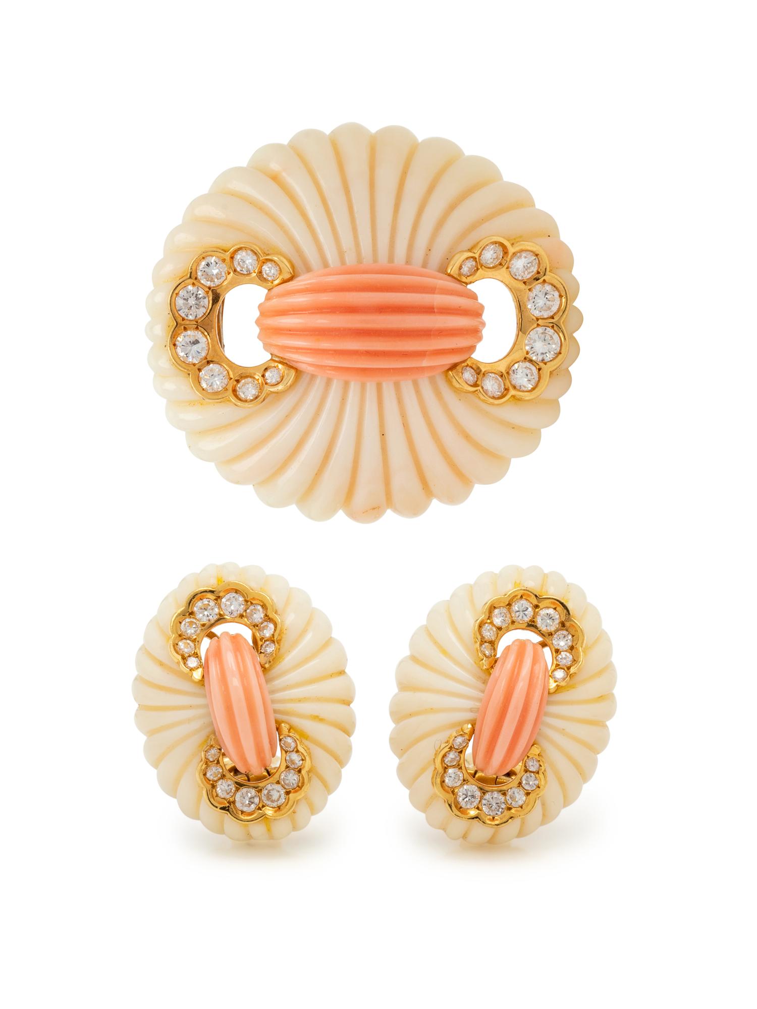 VAN CLEEF & ARPELS, CORAL AND DIAMOND 'DRAPÉ' BROOCH AND EARCLIPS