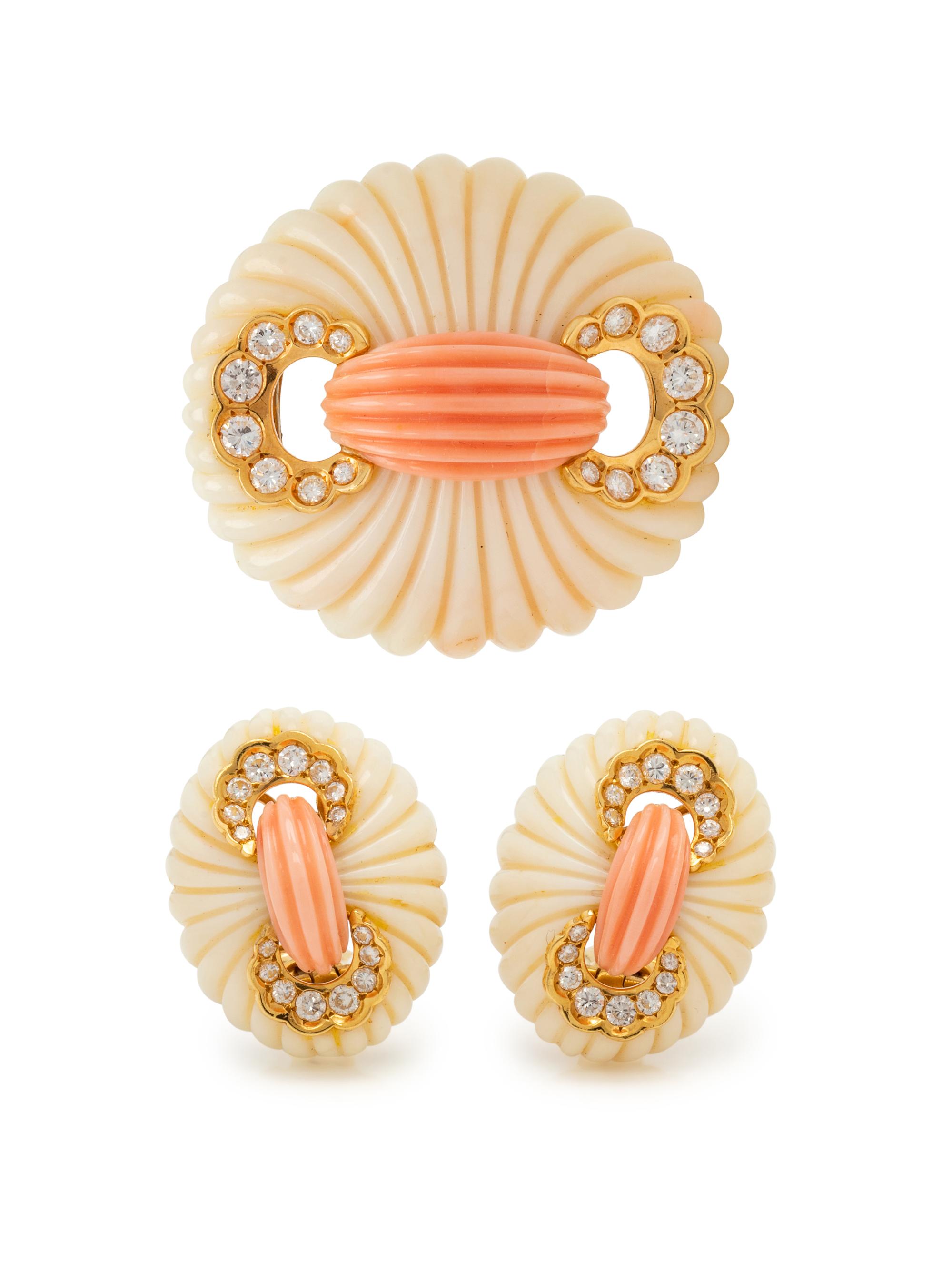 VAN CLEEF & ARPELS, CORAL AND DIAMOND 'DRAPÉ' BROOCH AND EARCLIPS