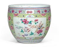 A large Chinese Famille Rose-decorated yellow-ground jardiniere, 19th to early 20th century