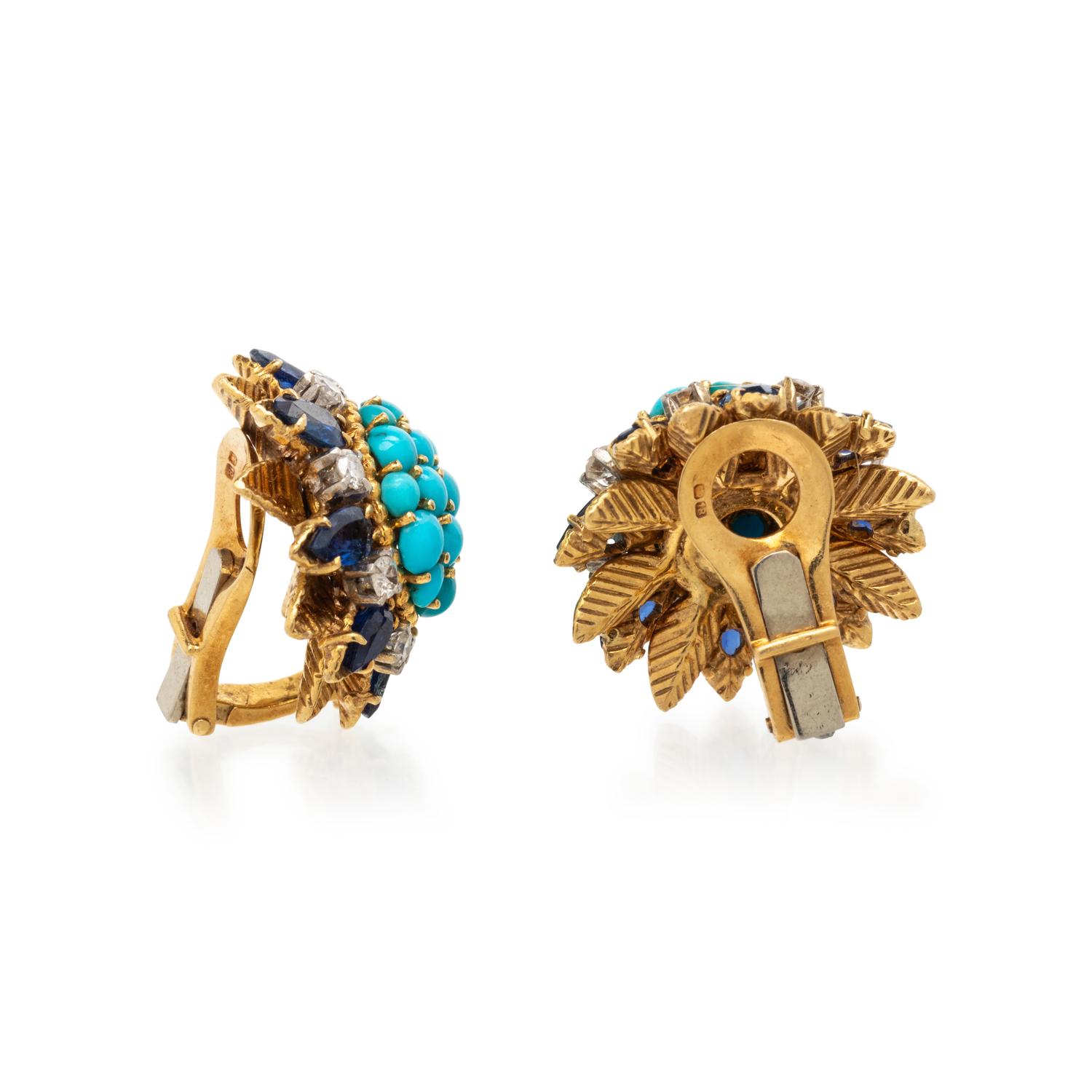TURQUOISE, DIAMOND, AND SAPPHIRE CLIP EARRINGS