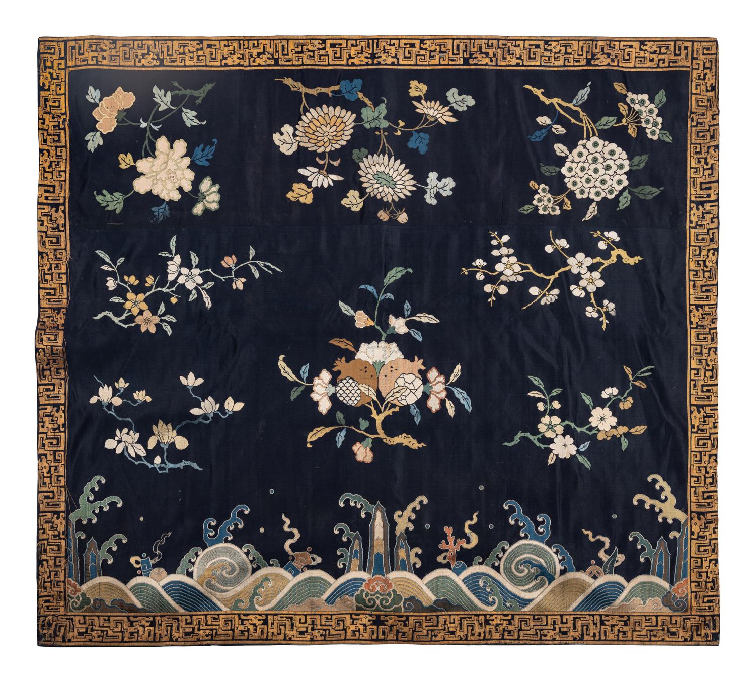 Two Chinese Blue Ground Embroidered Silk Panels