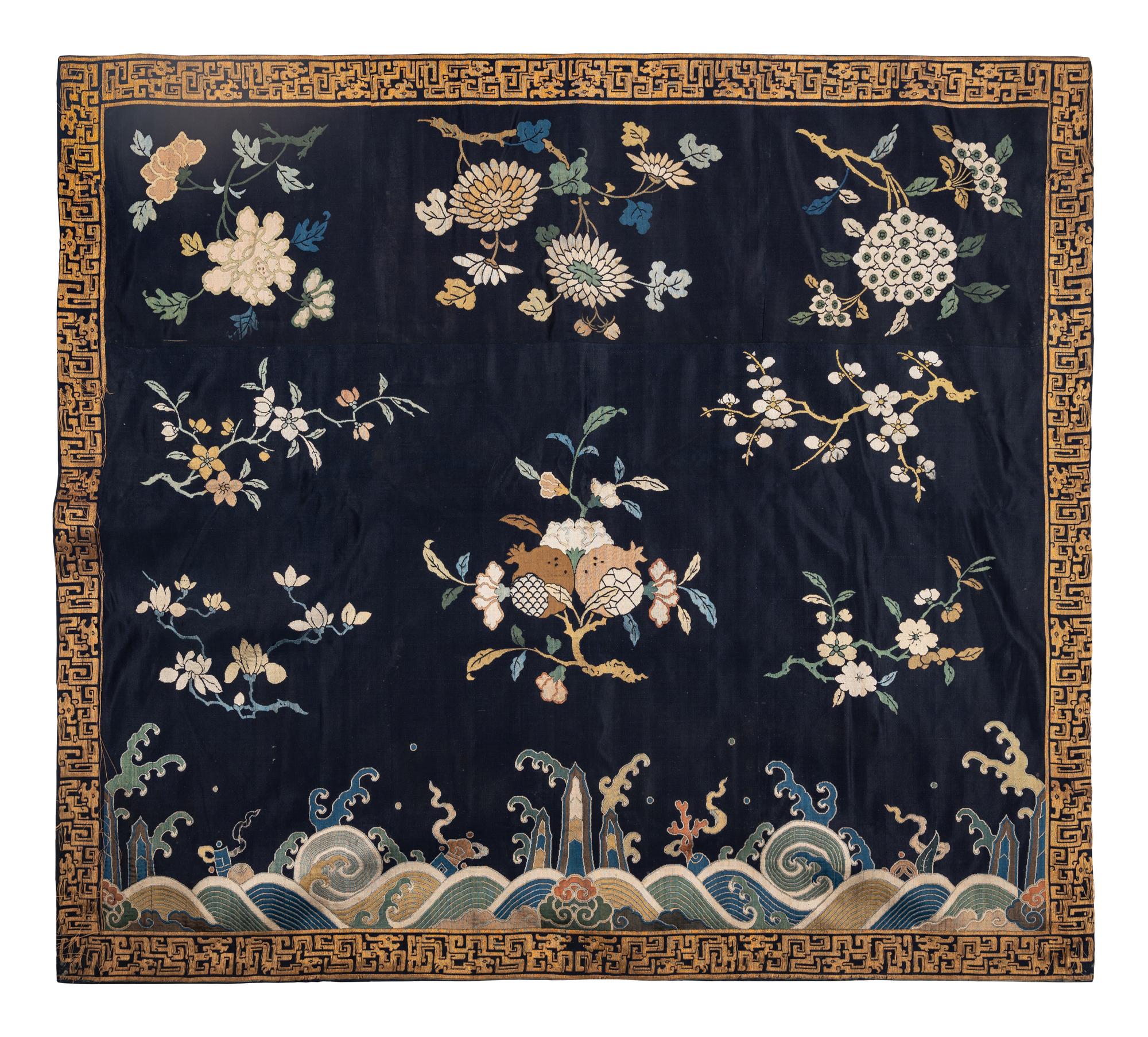 Two Chinese Blue Ground Embroidered Silk Panels