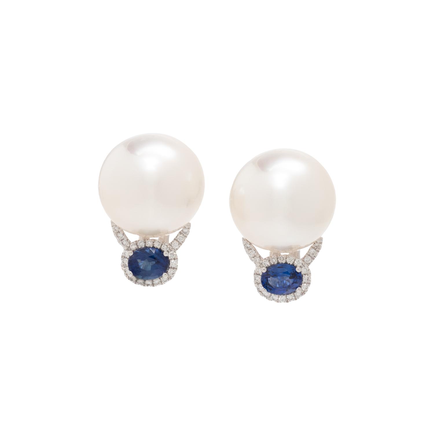 SOUTH SEA CULTURED PEARL, SAPPHIRE AND DIAMOND EARRINGS