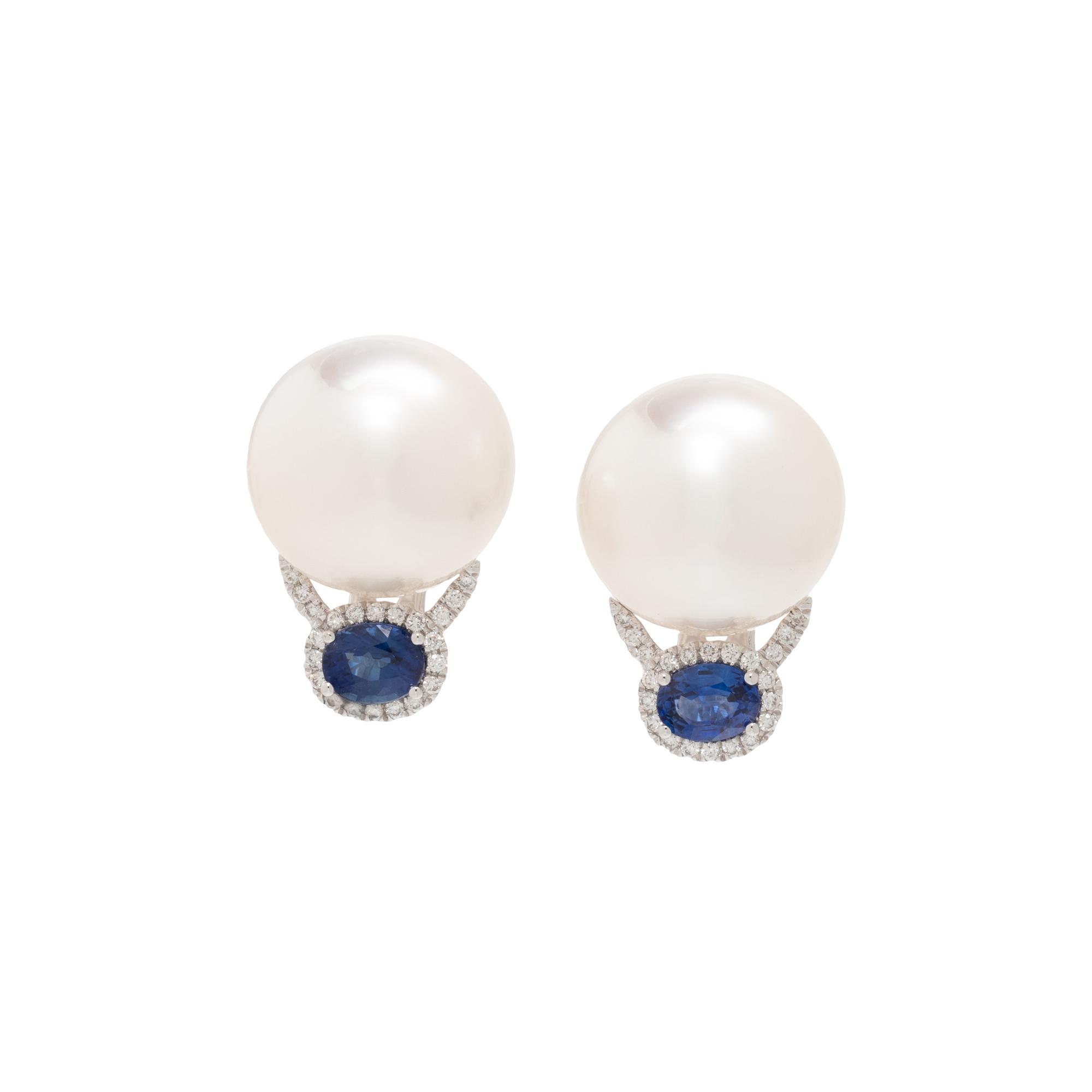 SOUTH SEA CULTURED PEARL, SAPPHIRE AND DIAMOND EARRINGS