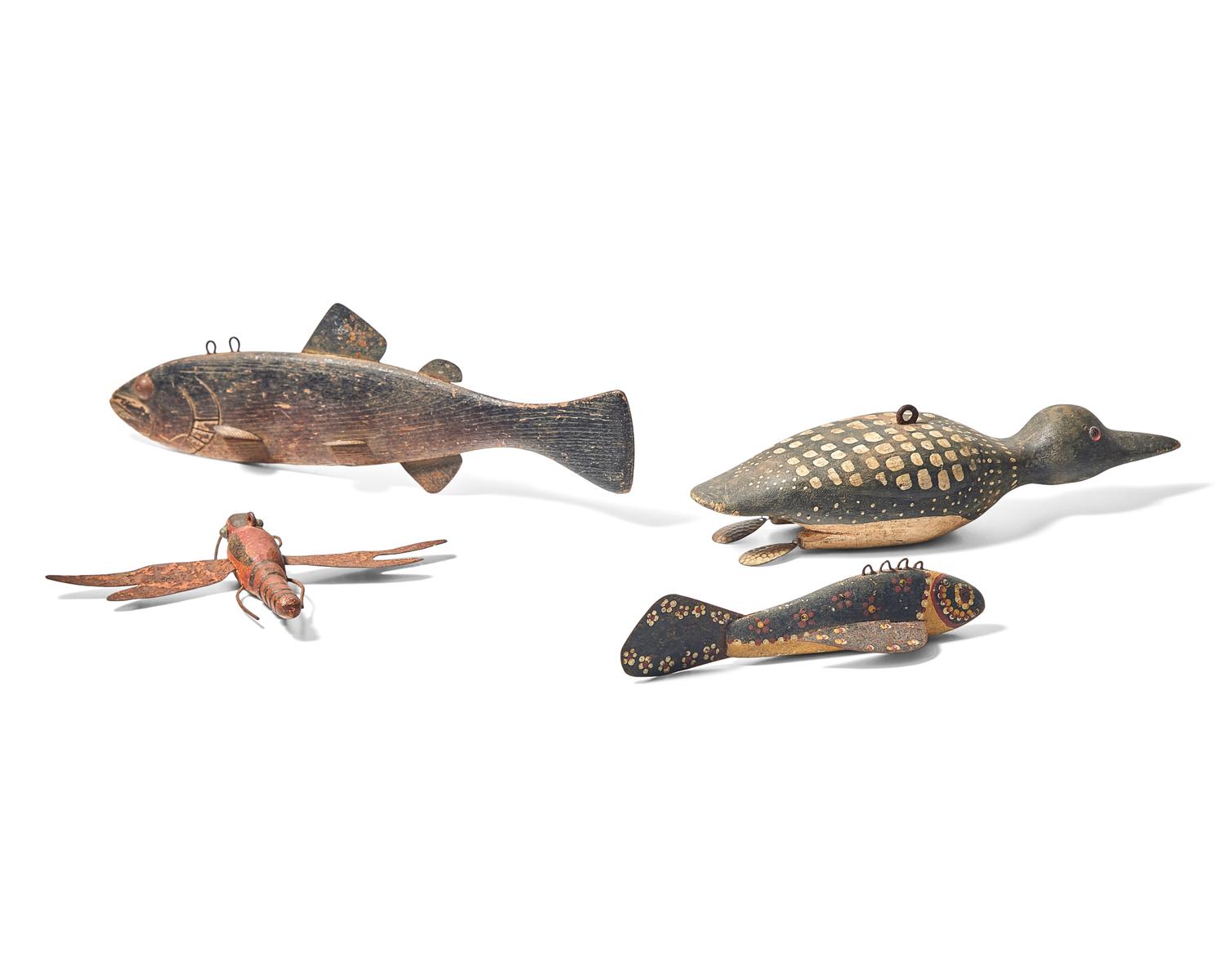 A Group of Four Carved and Painted Ice Fishing Lures, Attributed to LeRoy Howell, Hinckley, MN, and Various Makers, First Half 20th Century