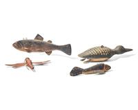 A Group of Four Carved and Painted Ice Fishing Lures, Attributed to LeRoy Howell, Hinckley, MN, and Various Makers, First Half 20th Century