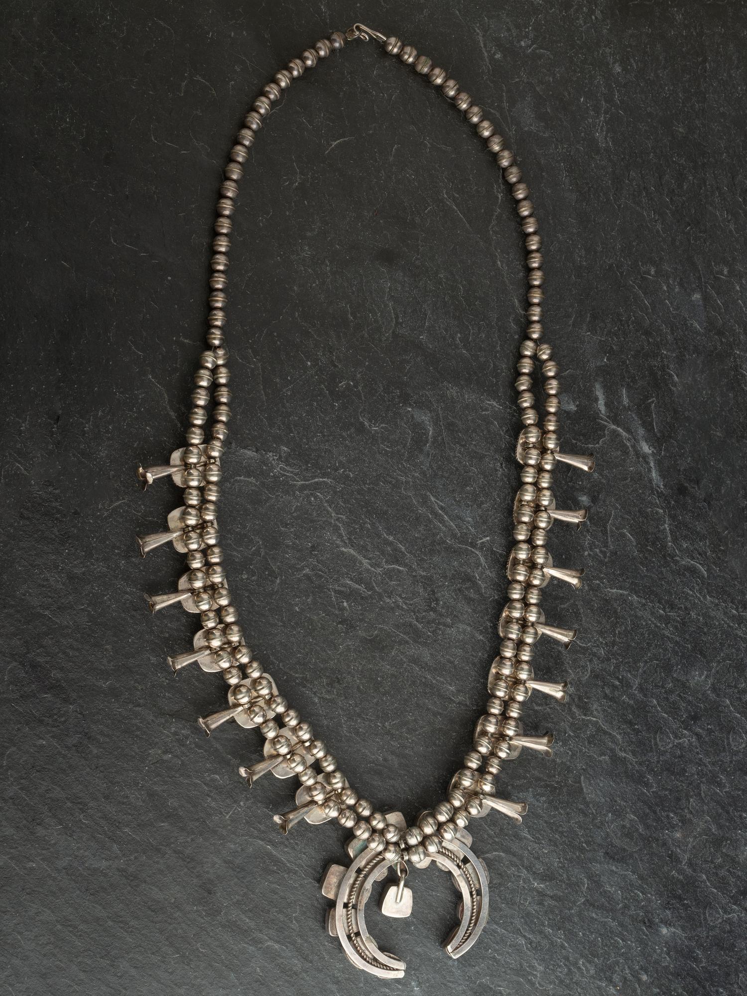 Navajo Silver and Turquoise Squash Blossom Necklace