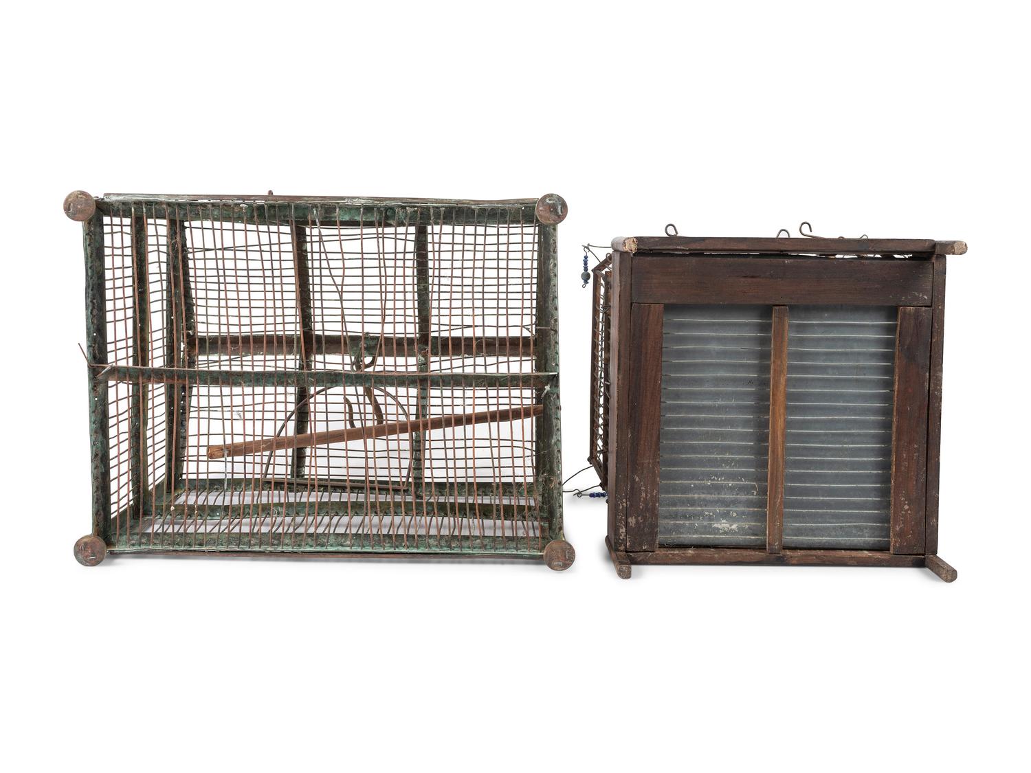 Three Folk Art Bird Cages and a Birdhouse