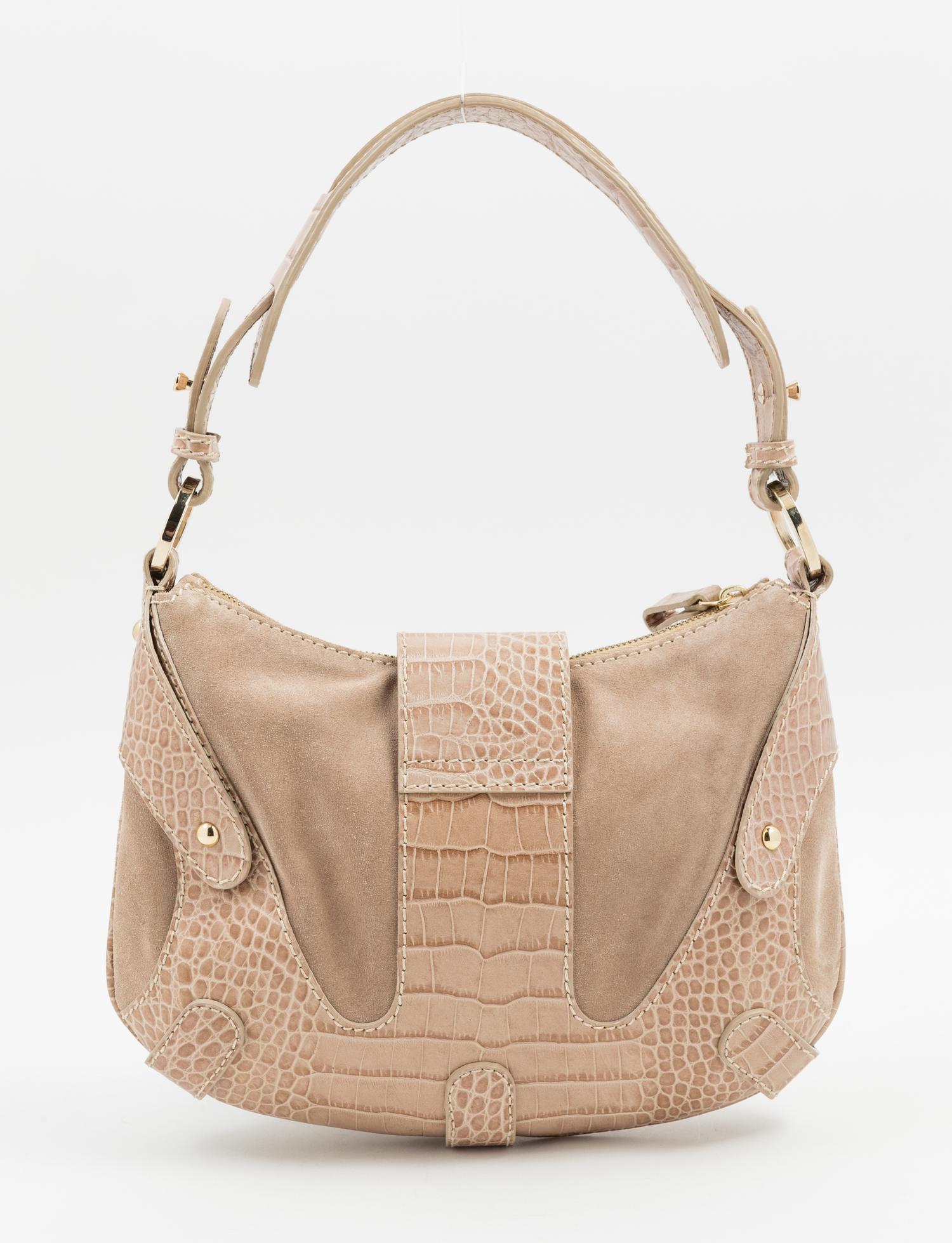 A Valentino Garavani Tan Suede Bag, 12" x 8" x 1"; Strap drop: 8".
