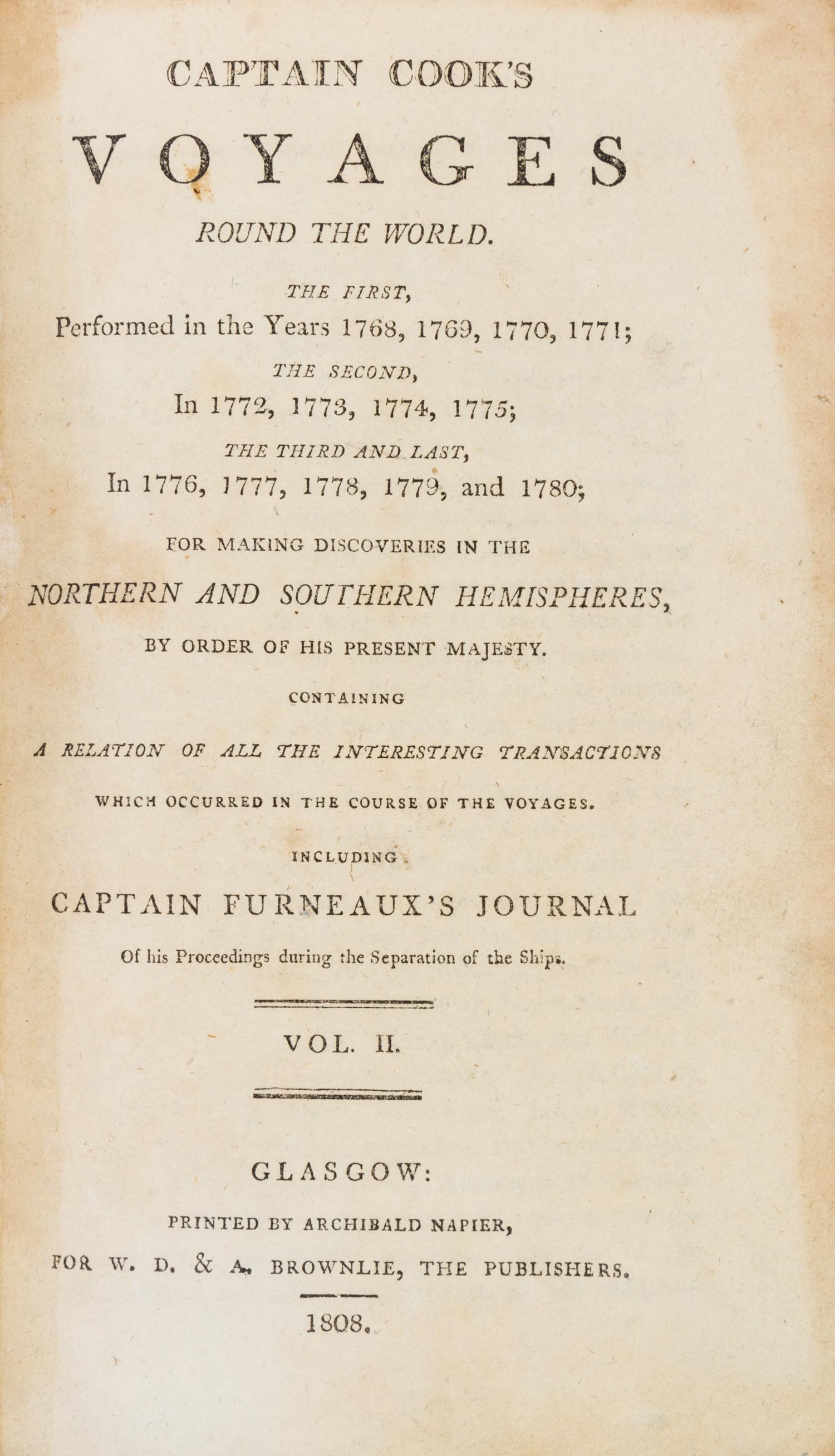 COOK, CAPTAIN JAMES. Captain Cook's Voyages Around the World. Glasgow, 1807. 2 (of 3) vols.