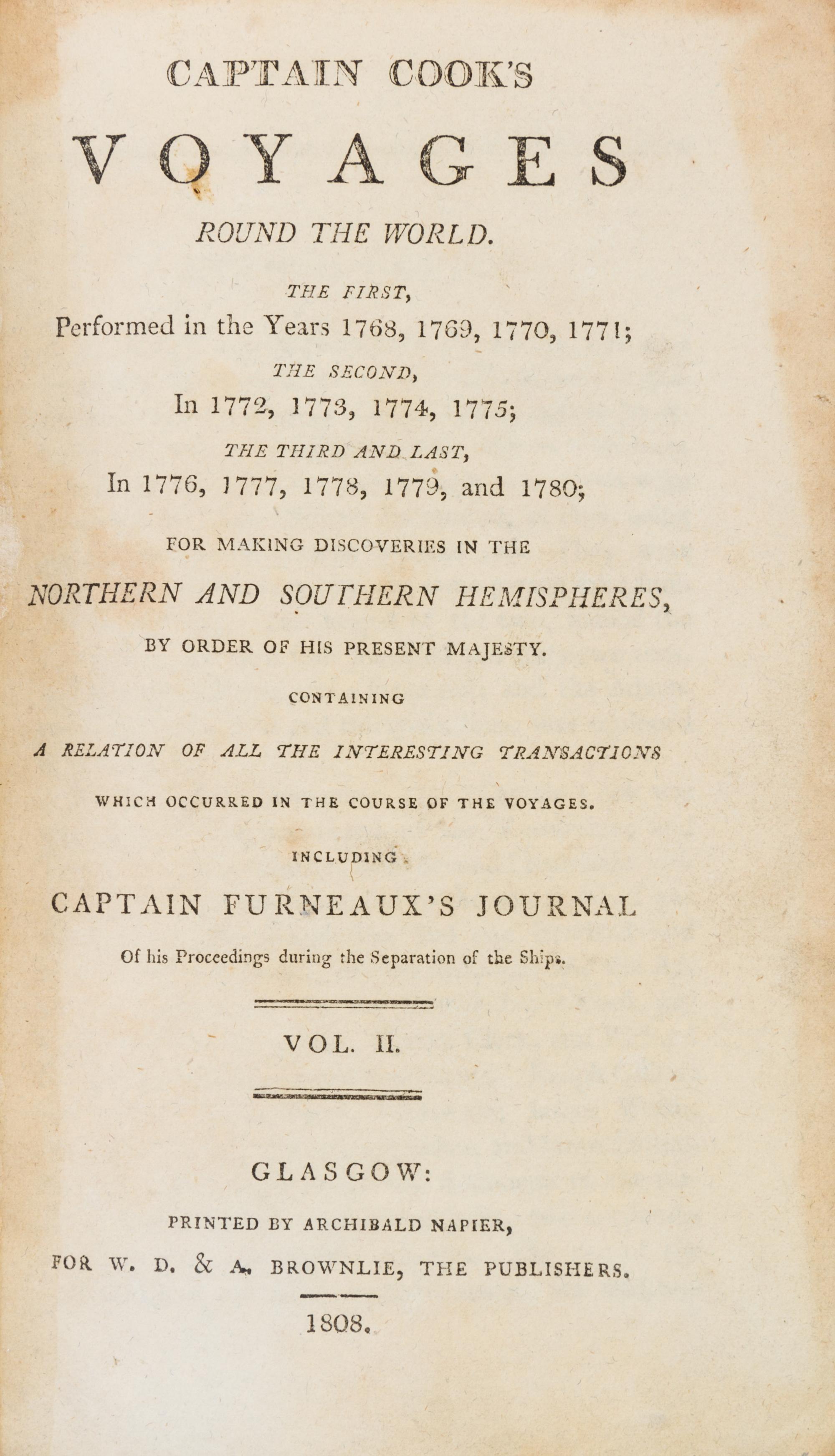 COOK, CAPTAIN JAMES. Captain Cook's Voyages Around the World. Glasgow, 1807. 2 (of 3) vols.