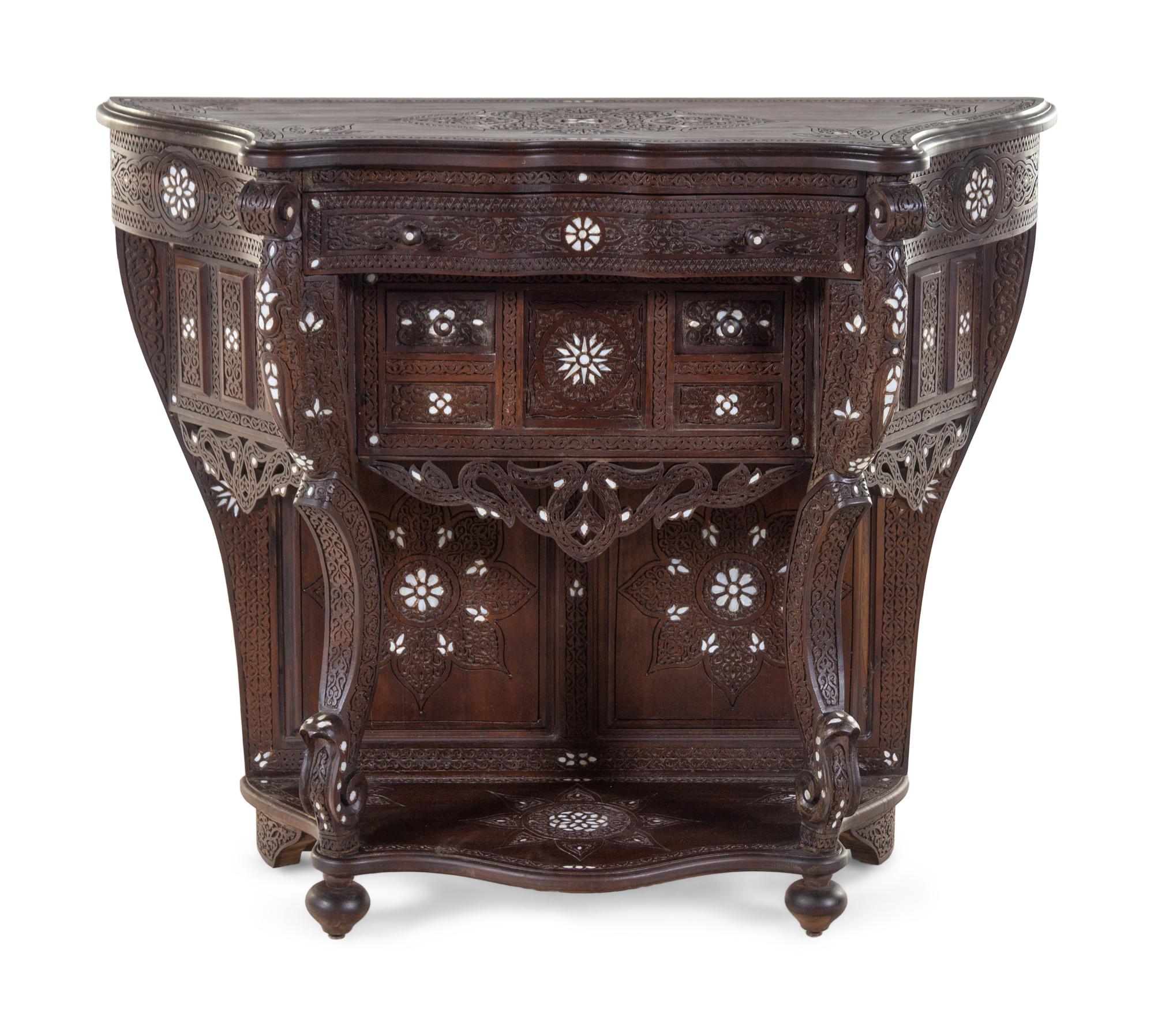 A Syrian Mother-of-Pearl Inlaid Carved Walnut Console Table