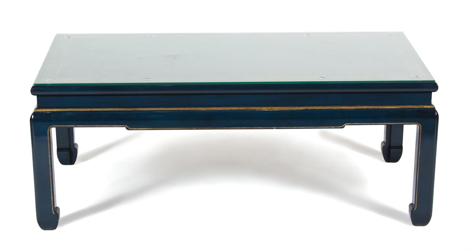 A Chinese Blue and Gilt Lacquer Coffee Table Height 18 3/4 x width 47 x depth 23 1/2 inches. — 20TH CENTURY