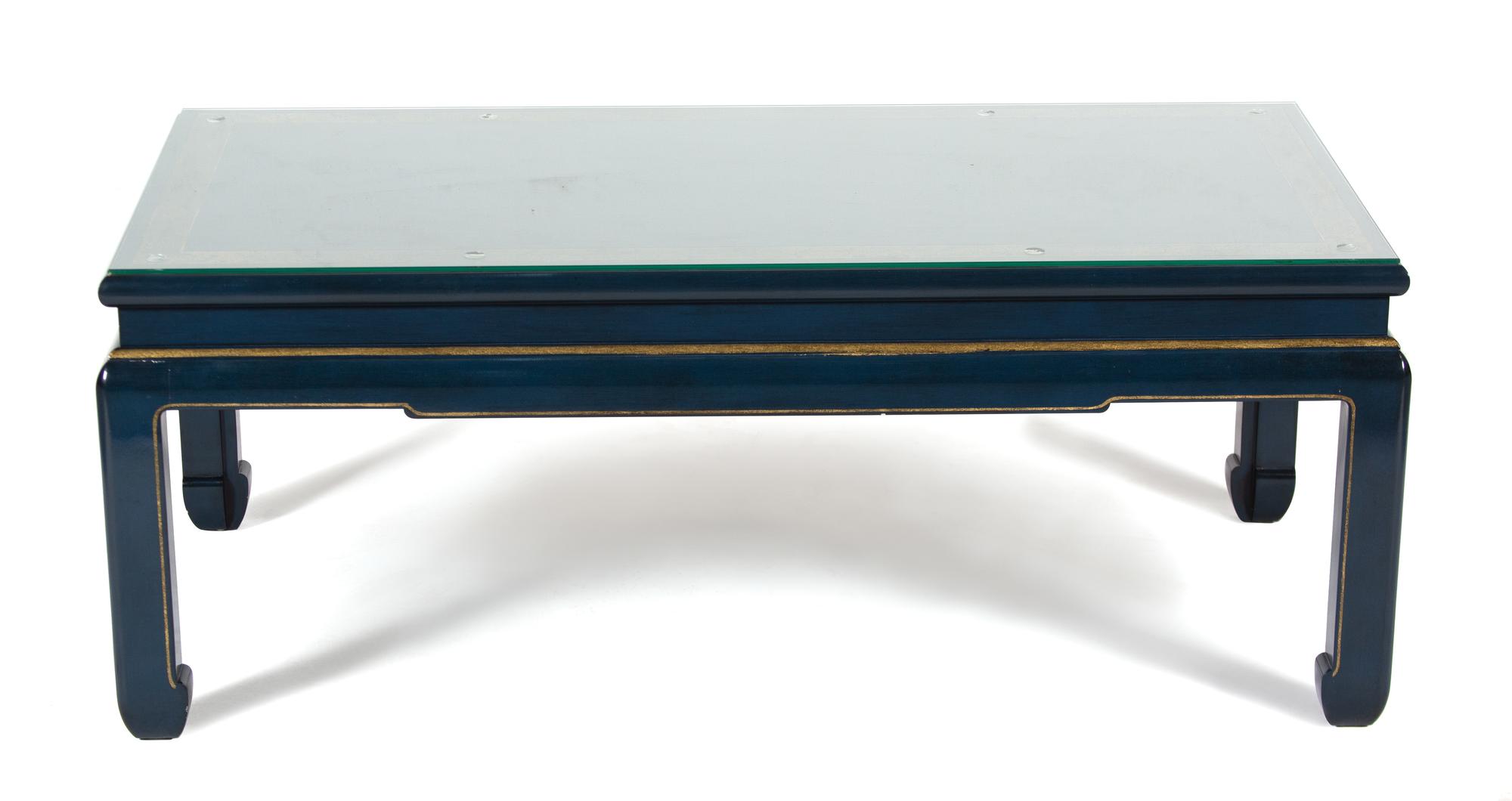 A Chinese Blue and Gilt Lacquer Coffee Table Height 18 3/4 x width 47 x depth 23 1/2 inches. — 20TH CENTURY